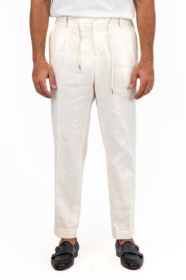 Pantalaccio uomo Panna misto lino e cotone made in italy tasca america con doppia pence e laccio in vita risvolto 5cm
