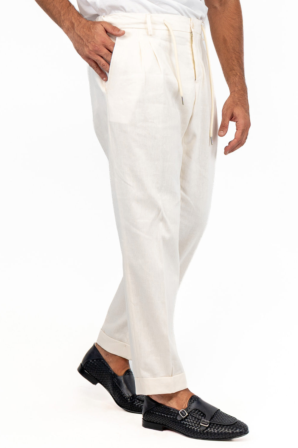 Pantalaccio uomo Panna misto lino e cotone made in italy tasca america con doppia pence e laccio in vita risvolto 5cm