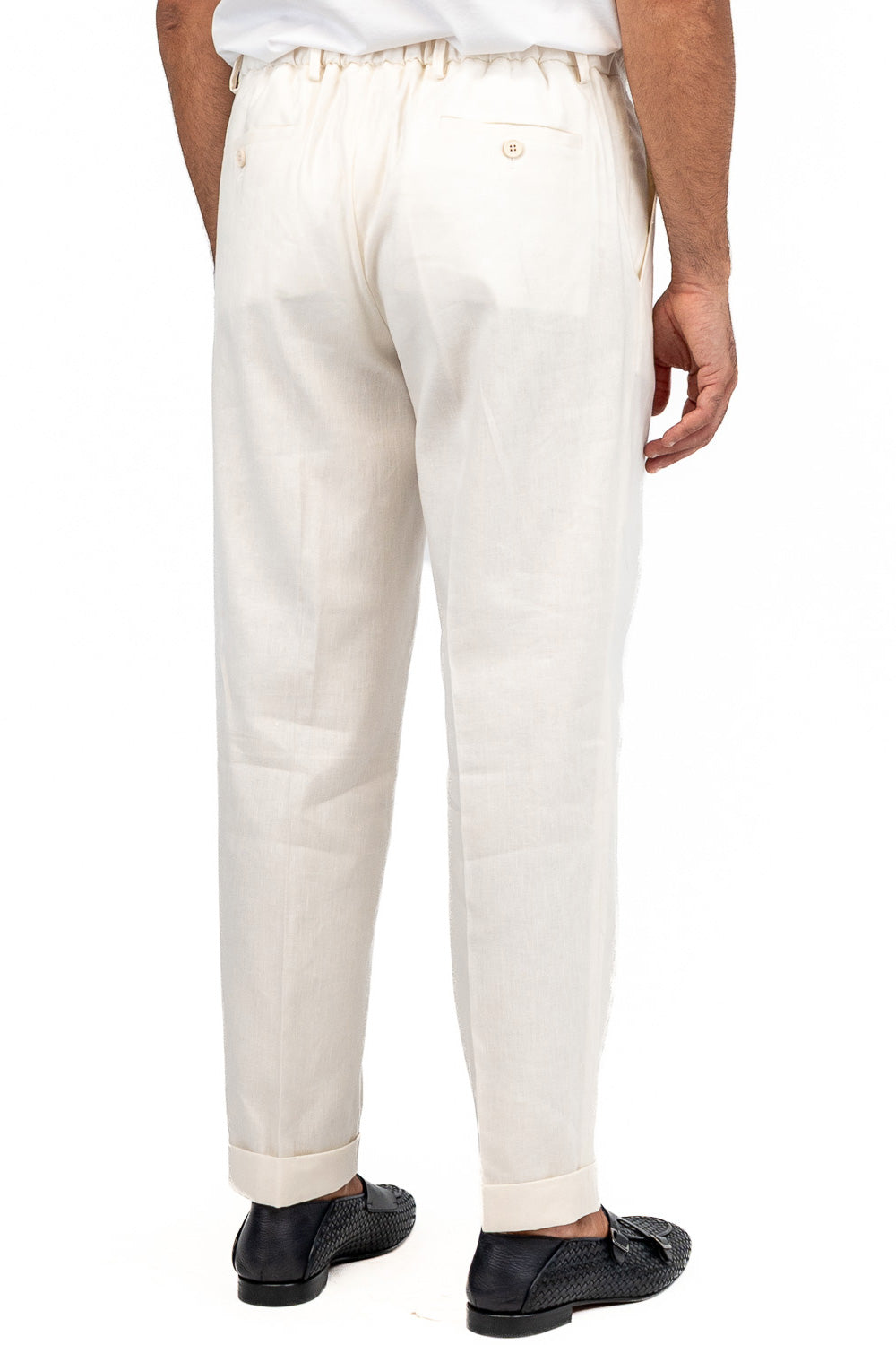 Pantalaccio uomo Panna misto lino e cotone made in italy tasca america con doppia pence e laccio in vita risvolto 5cm