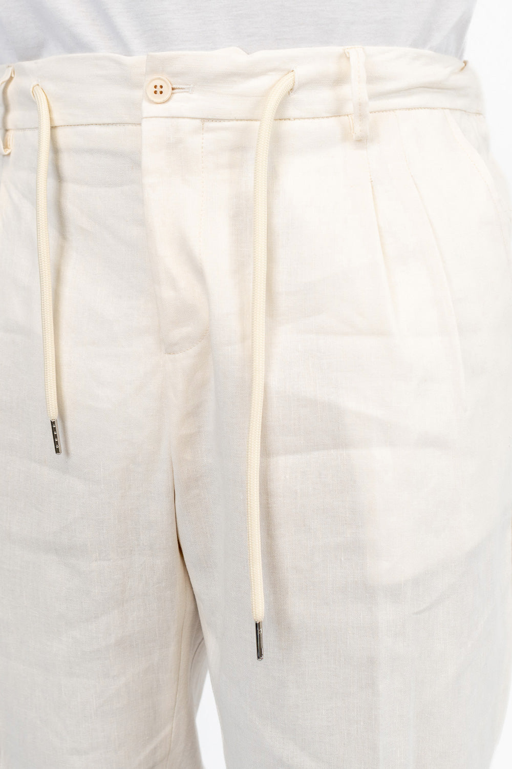 Pantalaccio uomo Panna misto lino e cotone made in italy tasca america con doppia pence e laccio in vita risvolto 5cm