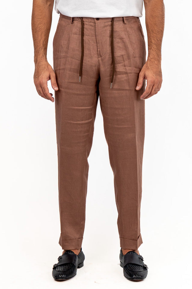 Pantalaccio uomo Marrone chiaro 100% lino made in italy tasca america con doppia pence e laccio in vita risvolto 5cm