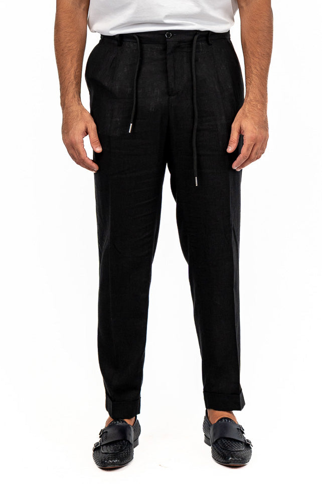 Pantalaccio uomo nero in lino made in italy tasca america con doppia pence e laccio in vita risvolto 5cm