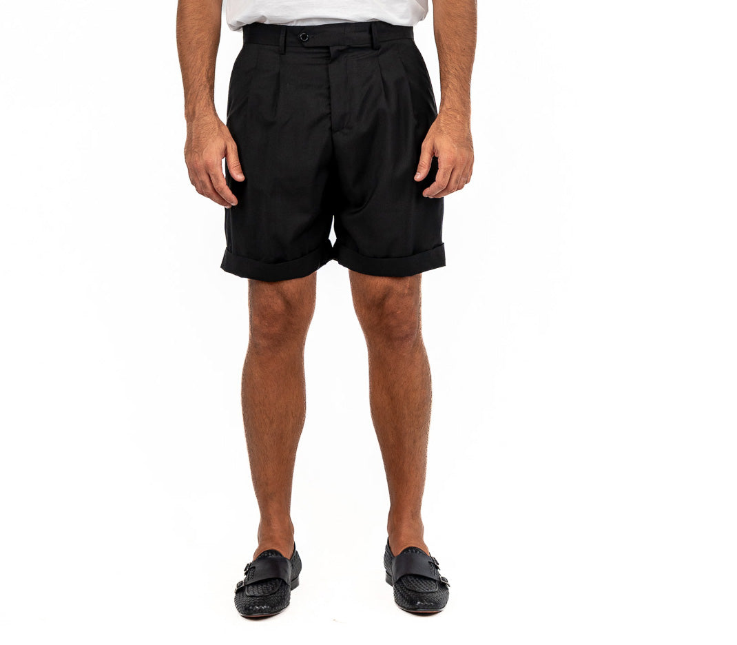 Bermuda japan nero con passanti uomo in fresco lana super 110's Tessuti in esclusiva Sartoria Carillo vita alta doppia pinces