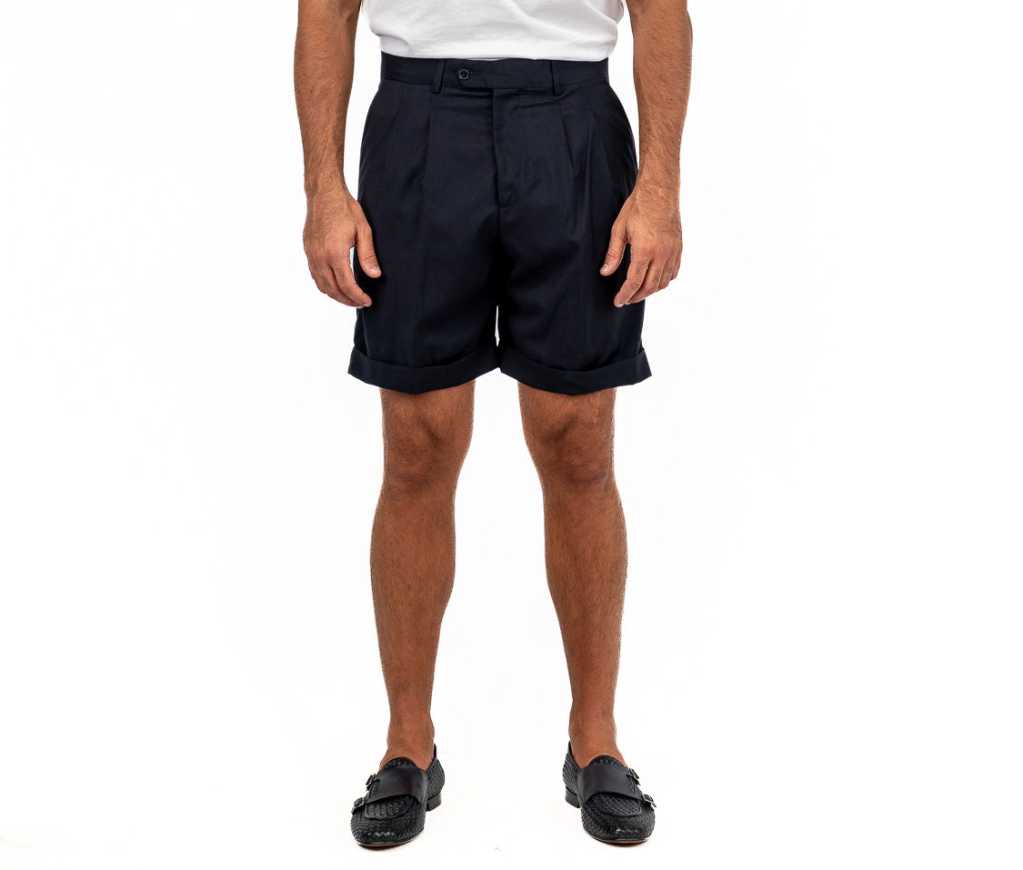 Bermuda japan blu con passanti uomo in fresco lana super 110's Tessuti in esclusiva Sartoria Carillo vita alta doppia pinces