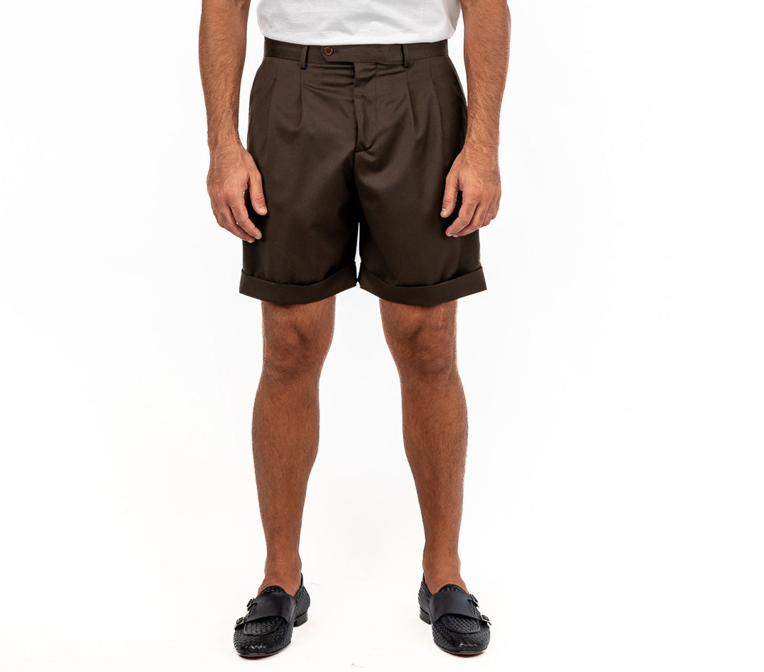 Bermuda japan Marrone con passanti uomo in fresco lana super 110's Tessuti in esclusiva Sartoria Carillo vita alta doppia pinces