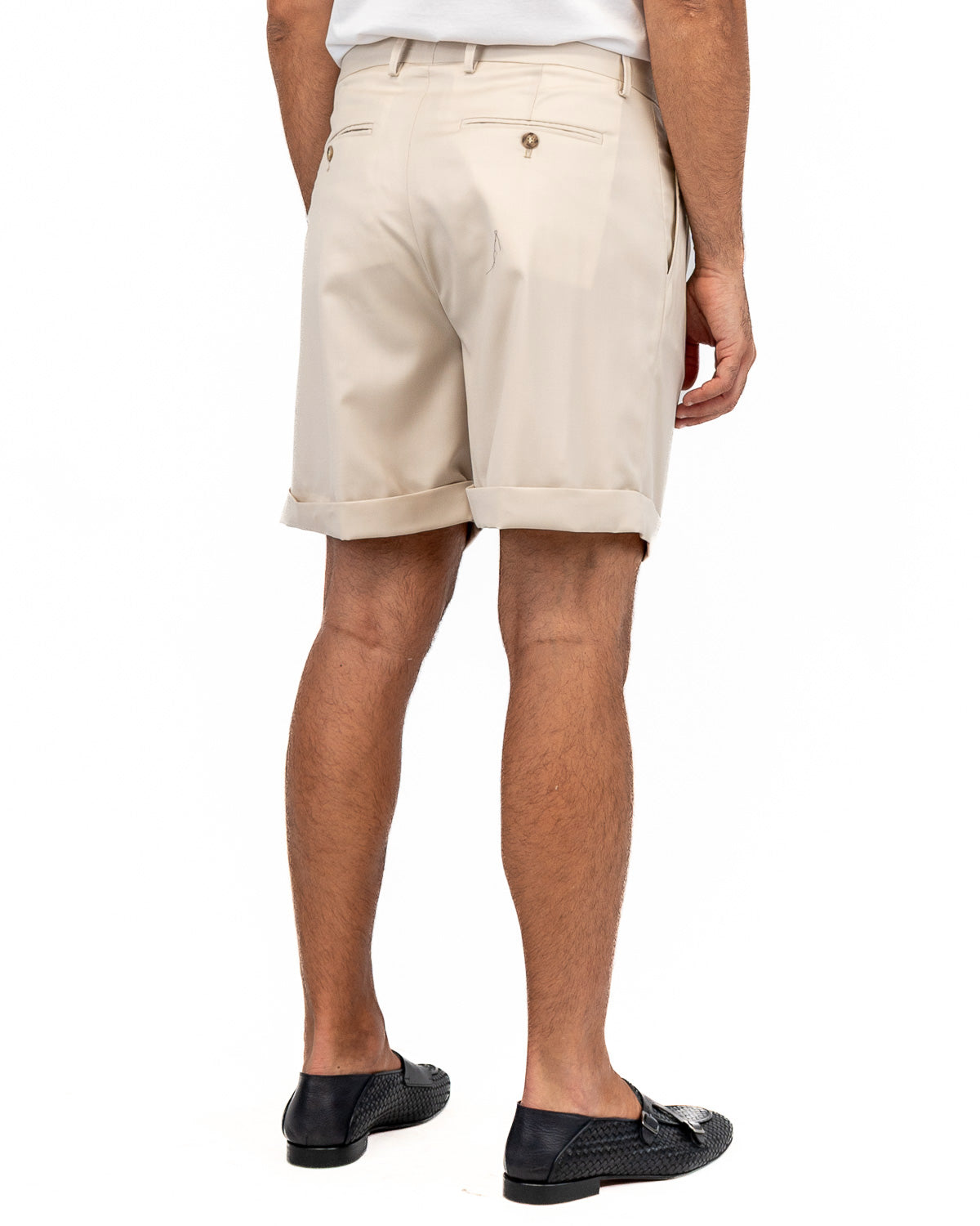 Men's Beige Bermuda Shorts with Belt Loops in Fresh Super 110's Wool Exclusive Sartoria Carillo Fabrics High Waist Double Pleats