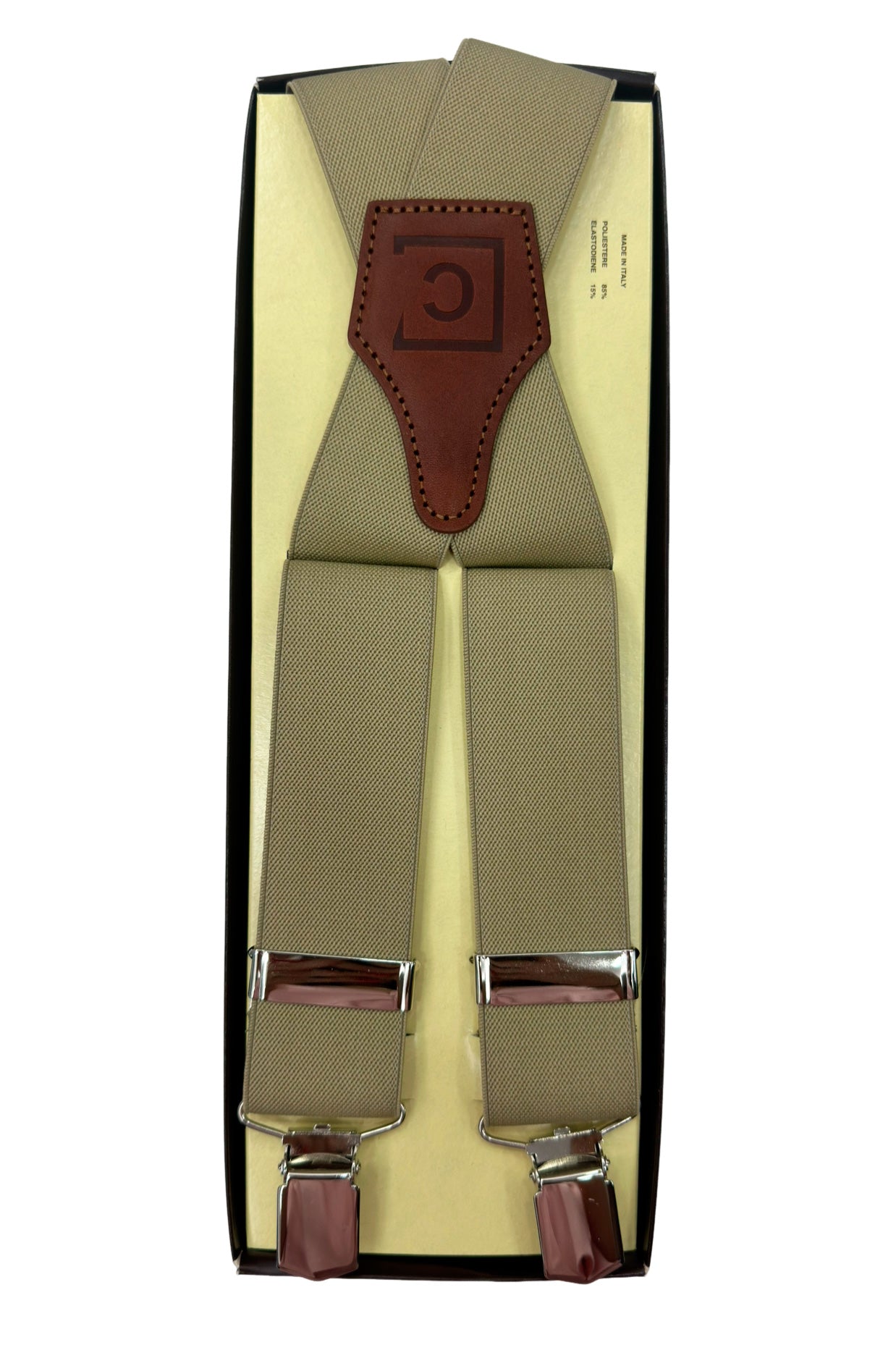 Bretelle da uomo beige Elasticizzate 3,5 cm regolabili con chiusura pinze argento