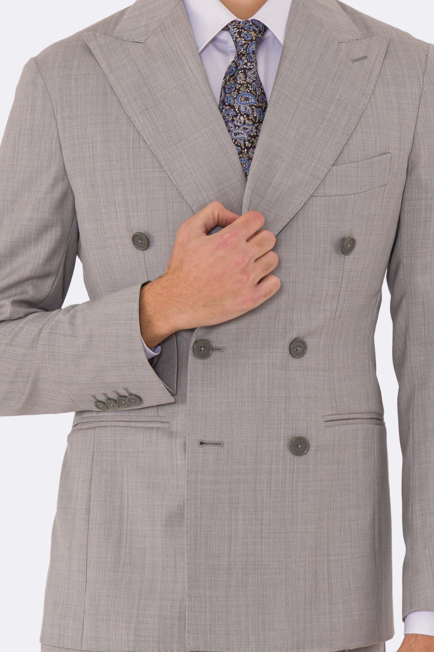 Abito uomo Doppiopetto grigio chiaro fresco lana super 110's Tessuti in esclusiva Sartoria Carillo completamente sfoderato con Rever a lancia e tasche a filetto