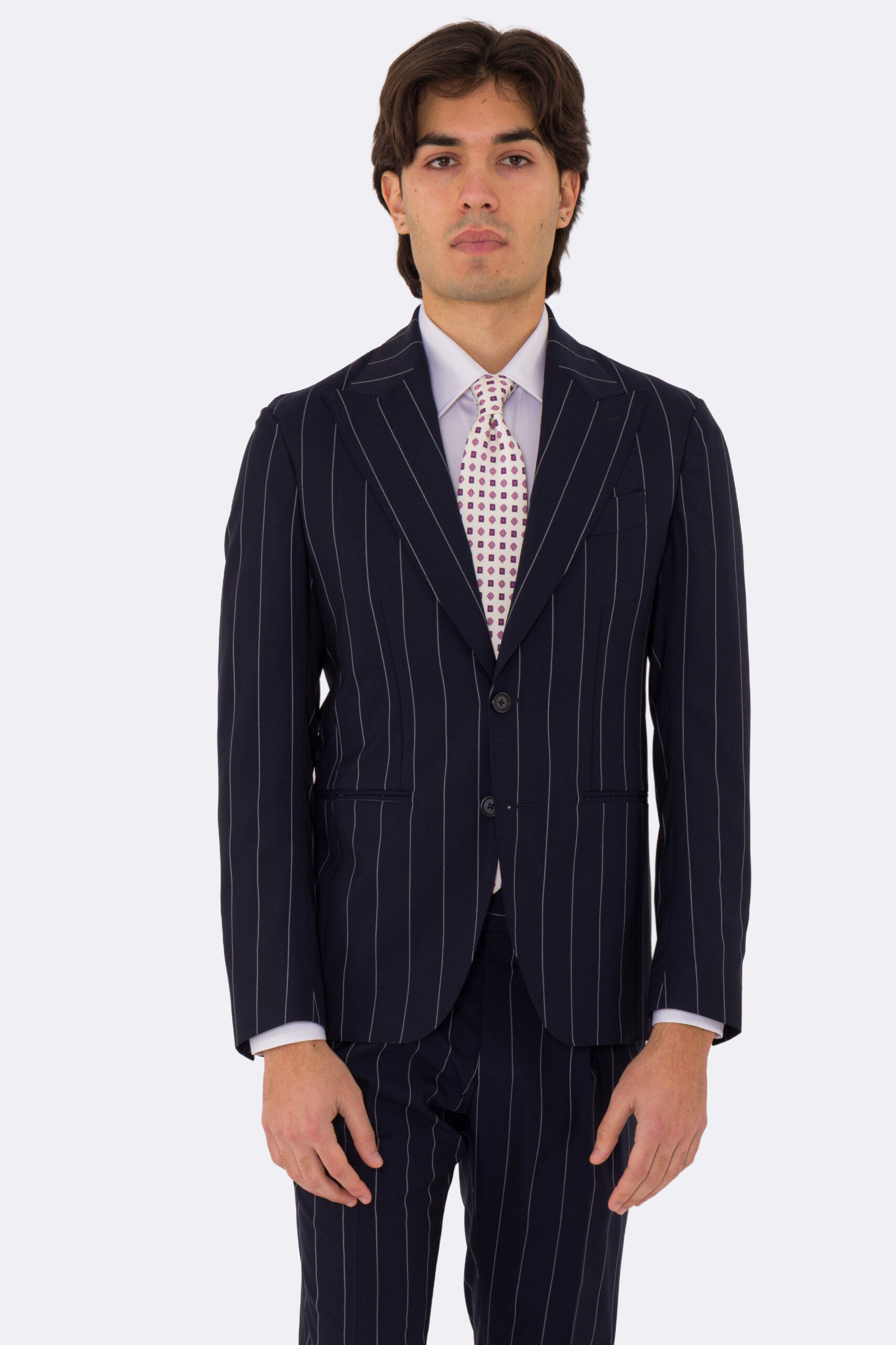 Abito uomo Monopetto blu gessato bianco fresco lana super 110's Tessuti in esclusiva Sartoria Carillo completamente sfoderato con Rever a lancia e tasche a filetto