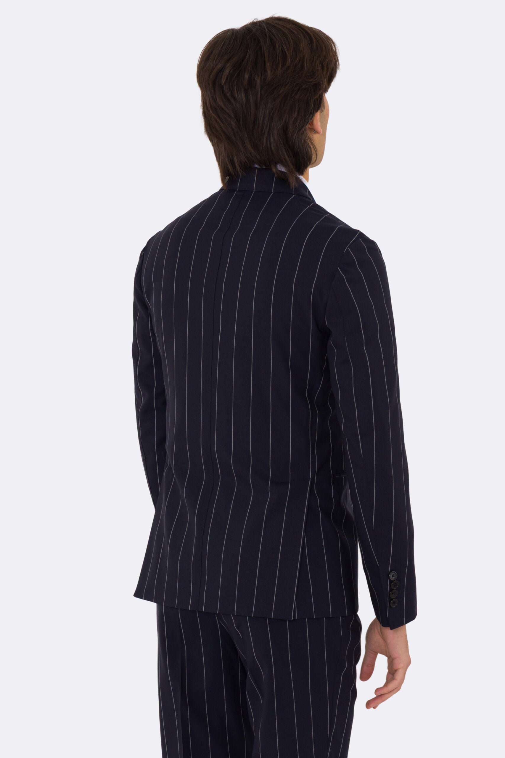 Abito uomo Monopetto blu gessato bianco fresco lana super 110's Tessuti in esclusiva Sartoria Carillo completamente sfoderato con Rever a lancia e tasche a filetto