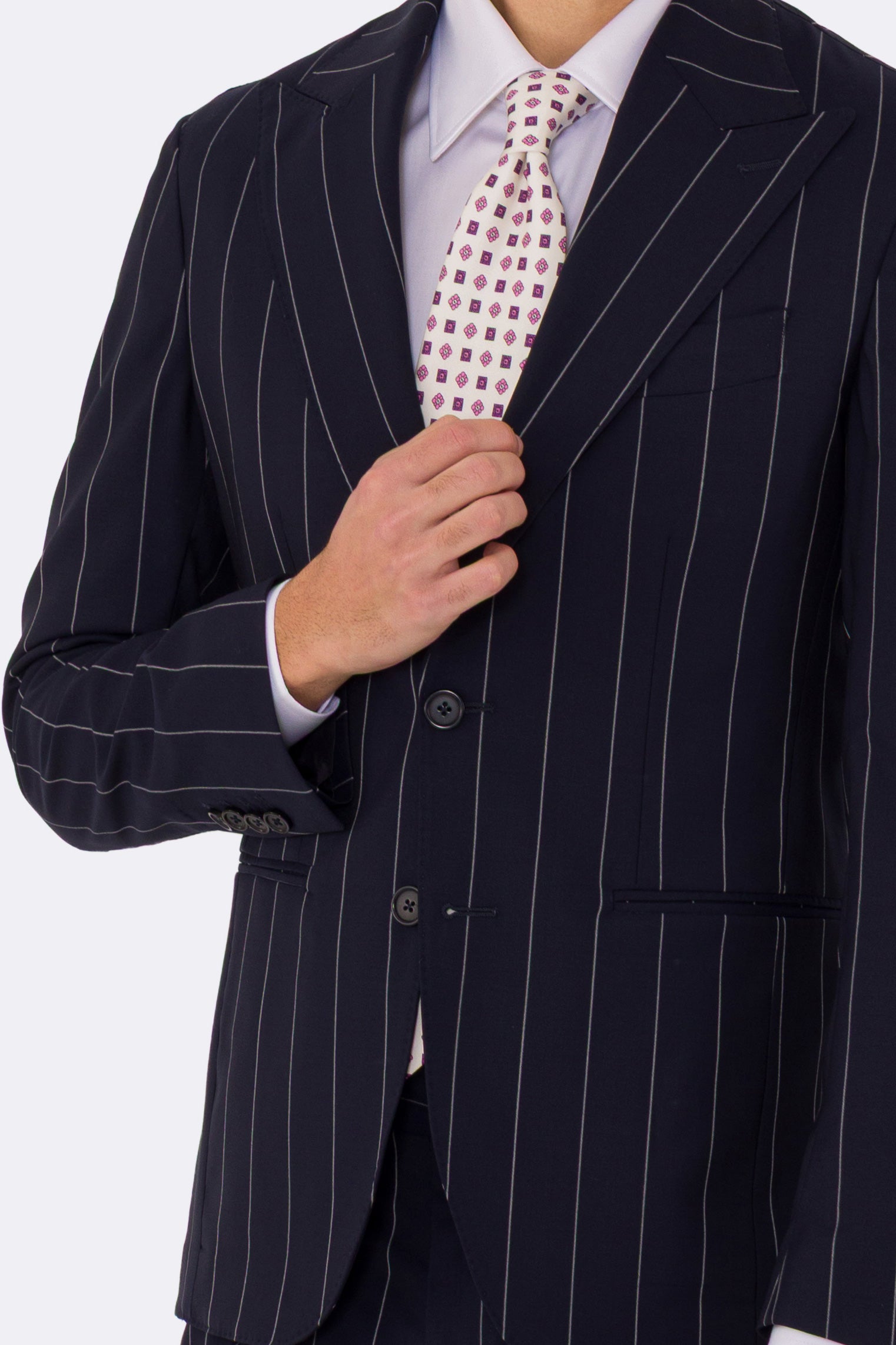 Abito uomo Monopetto blu gessato bianco fresco lana super 110's Tessuti in esclusiva Sartoria Carillo completamente sfoderato con Rever a lancia e tasche a filetto