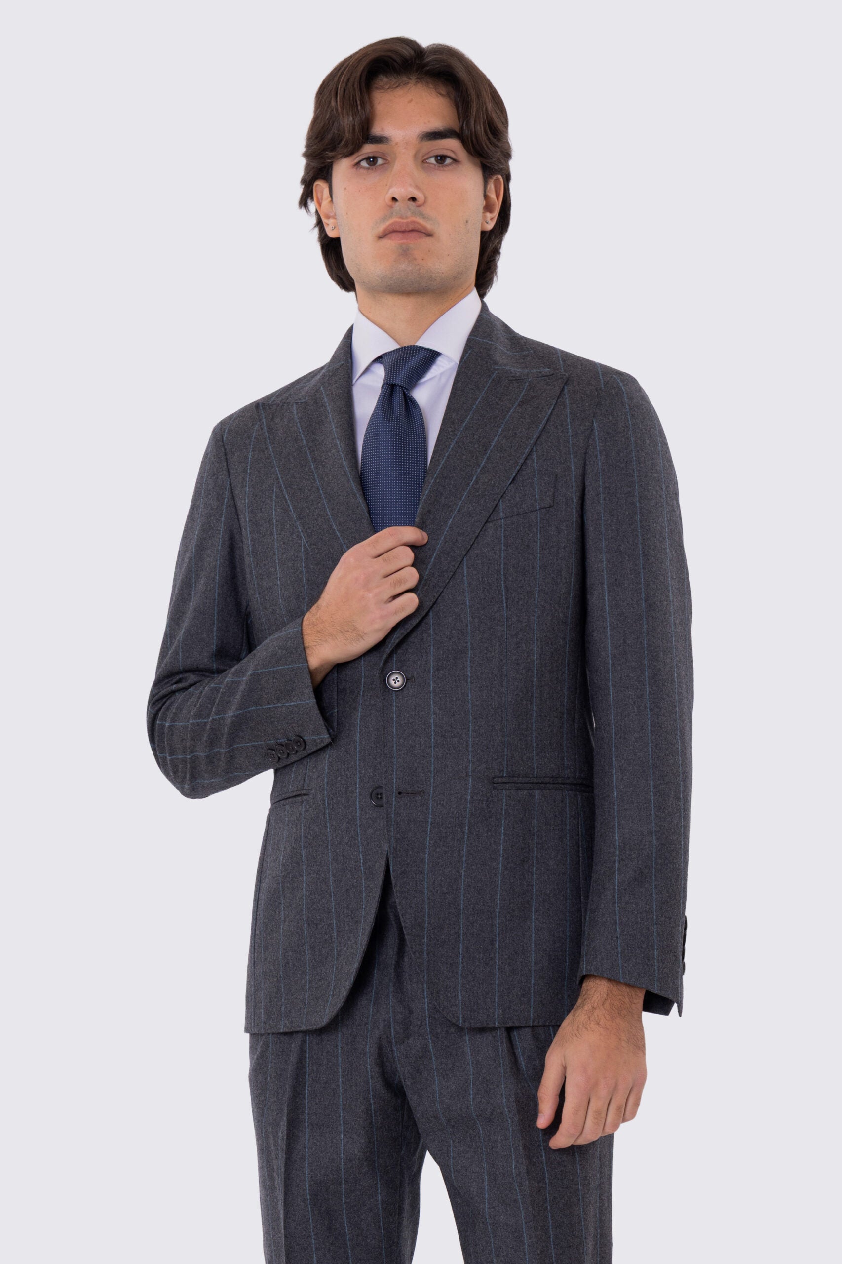 Abito uomo Monopetto grigio Gessato in lana Flanella Vitale Barberis Canonico slim fit rever largo sartoriale