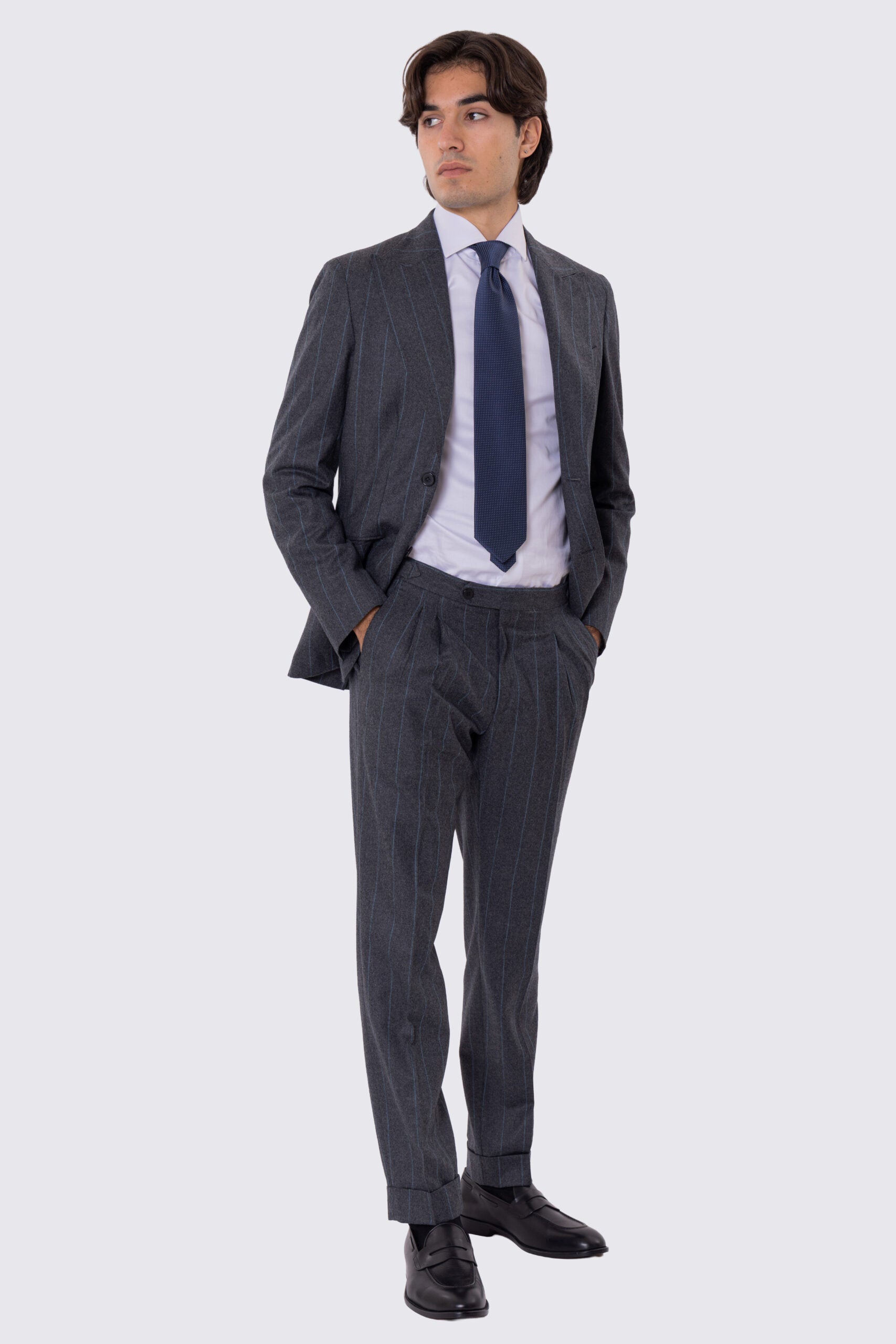 Abito uomo Monopetto grigio Gessato in lana Flanella Vitale Barberis Canonico slim fit rever largo sartoriale