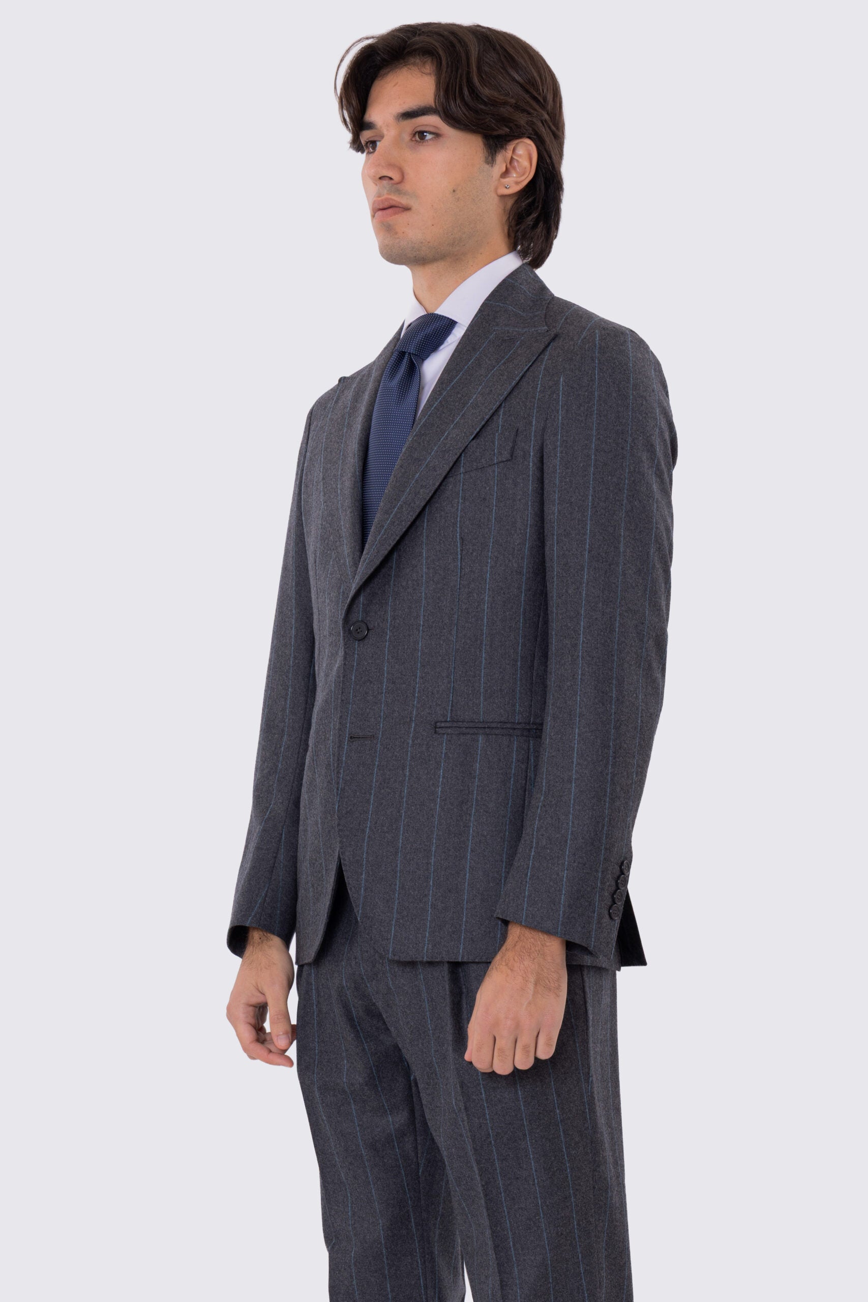 Abito uomo Monopetto grigio Gessato in lana Flanella Vitale Barberis Canonico slim fit rever largo sartoriale