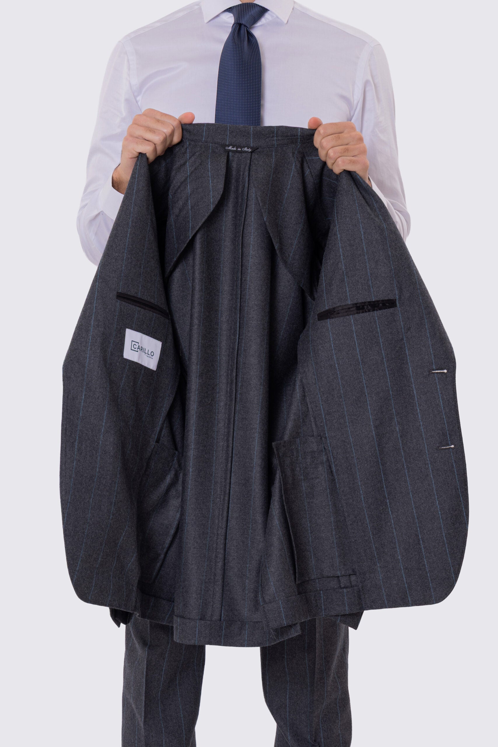 Abito uomo Monopetto grigio Gessato in lana Flanella Vitale Barberis Canonico slim fit rever largo sartoriale