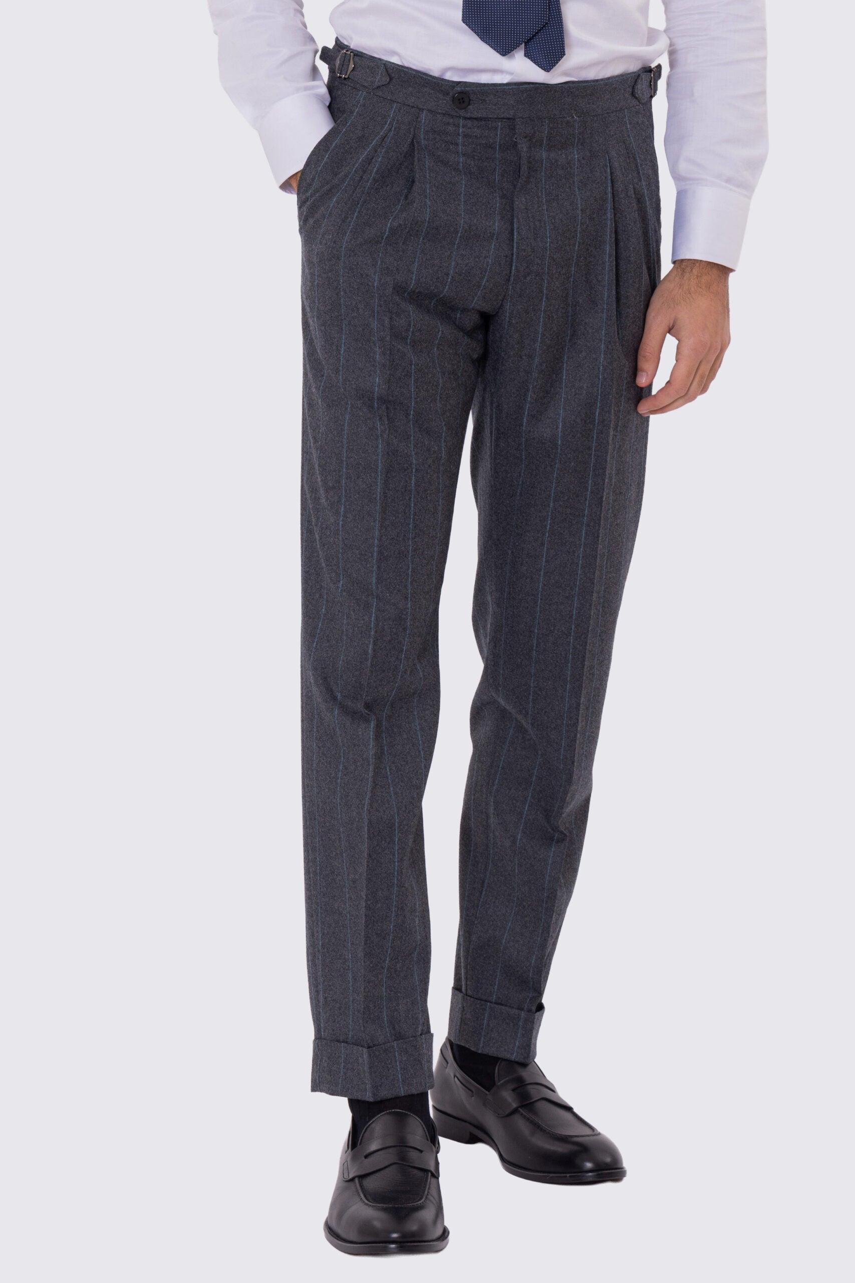 Abito uomo Monopetto grigio Gessato in lana Flanella Vitale Barberis Canonico slim fit rever largo sartoriale