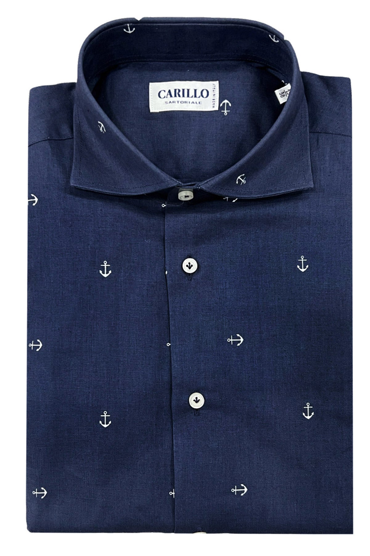 Camicia uomo sartoriale in lino maniche lunghe fantasia ancore