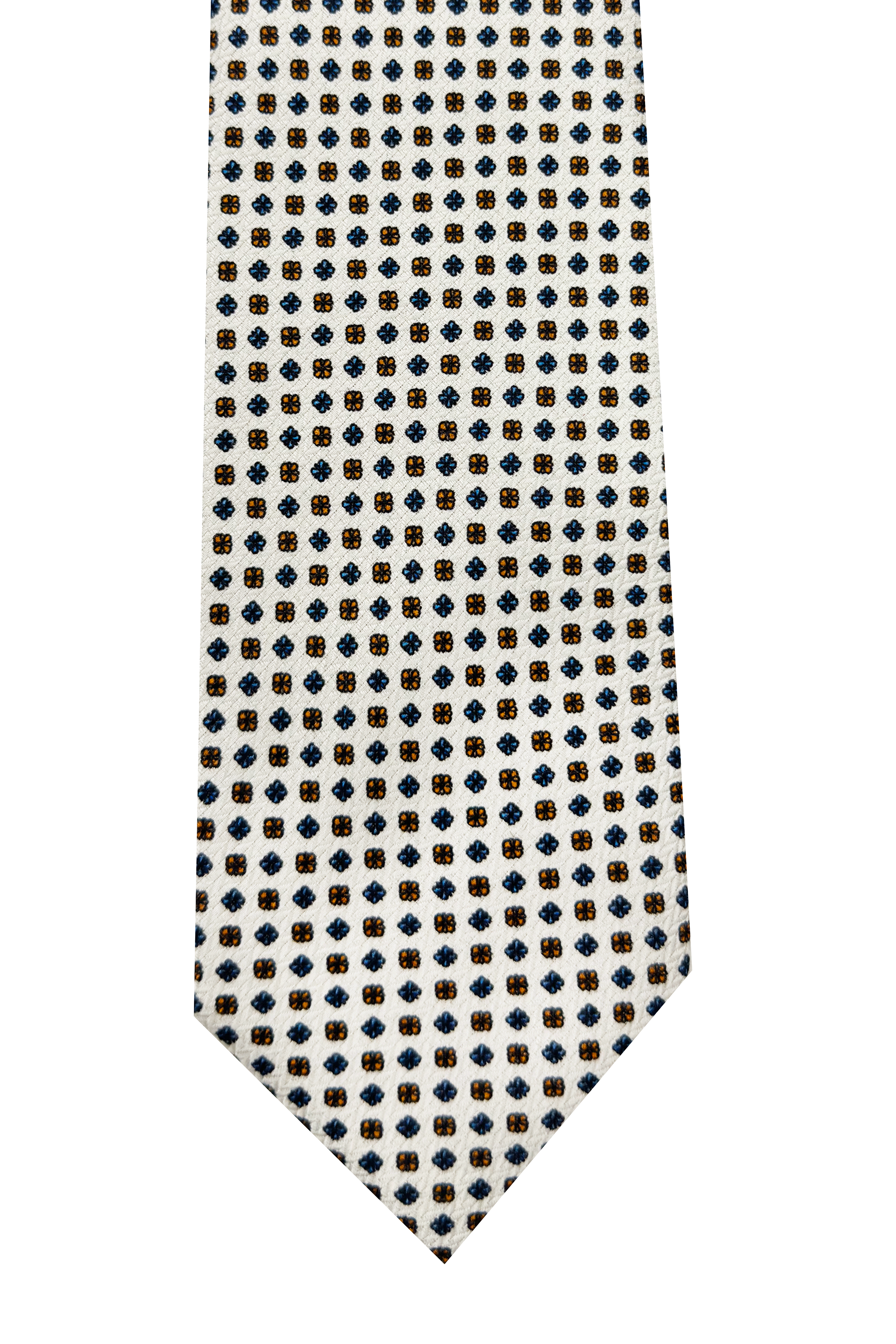 Men's white patterned tie, 9cm, in pure hand-stitched silk.