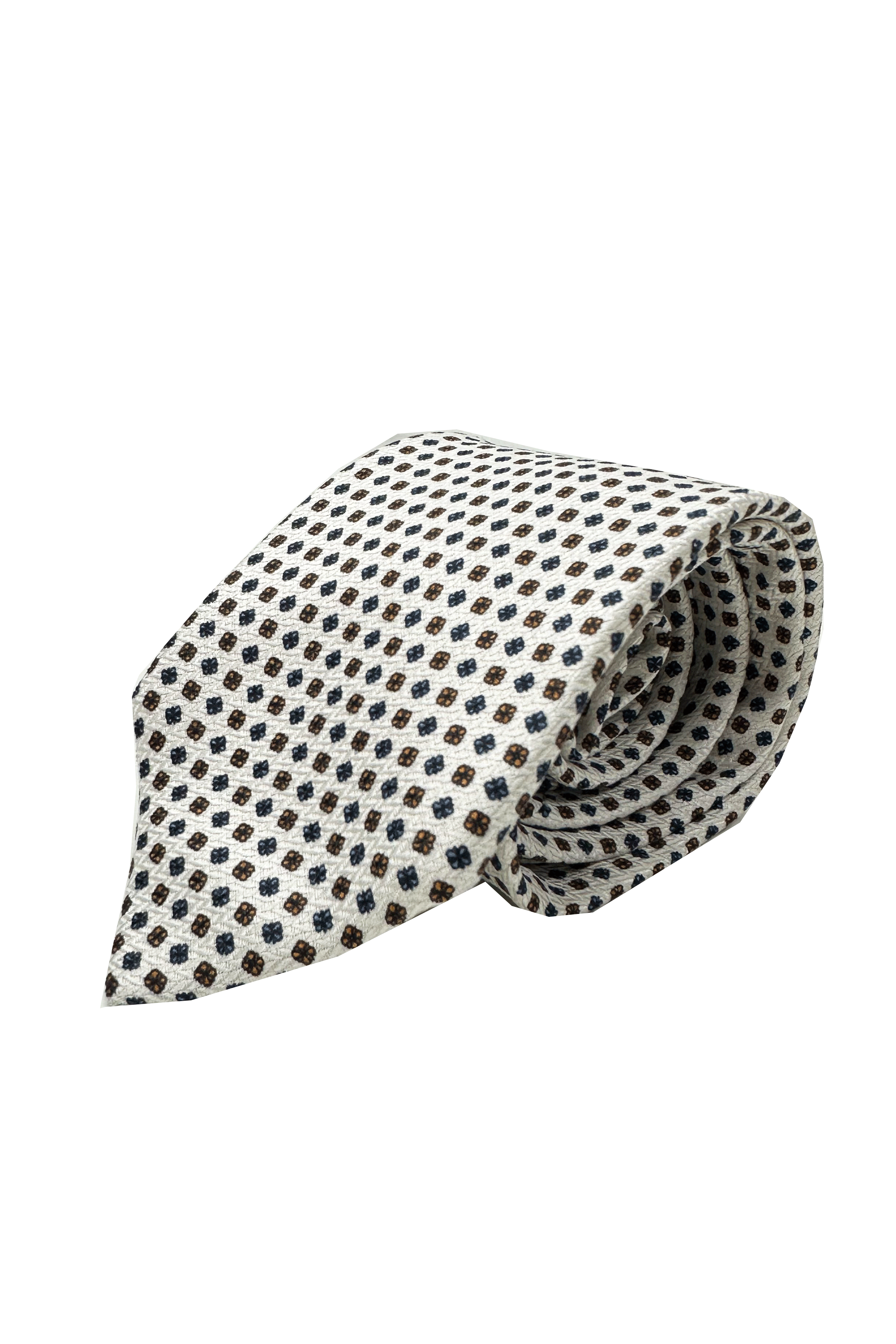 Men's white patterned tie, 9cm, in pure hand-stitched silk.