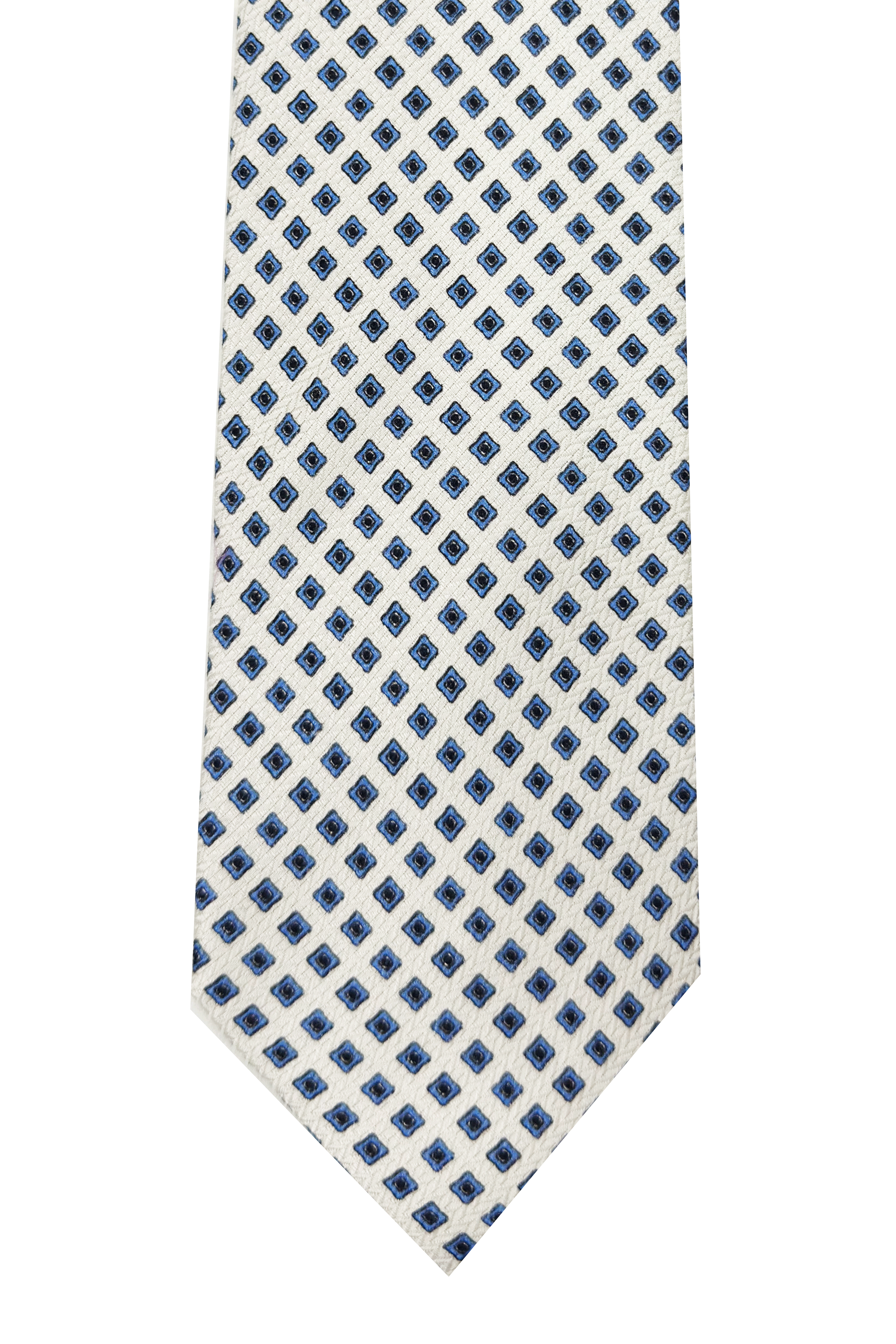 Men's white patterned tie, 9cm, in pure hand-stitched silk.