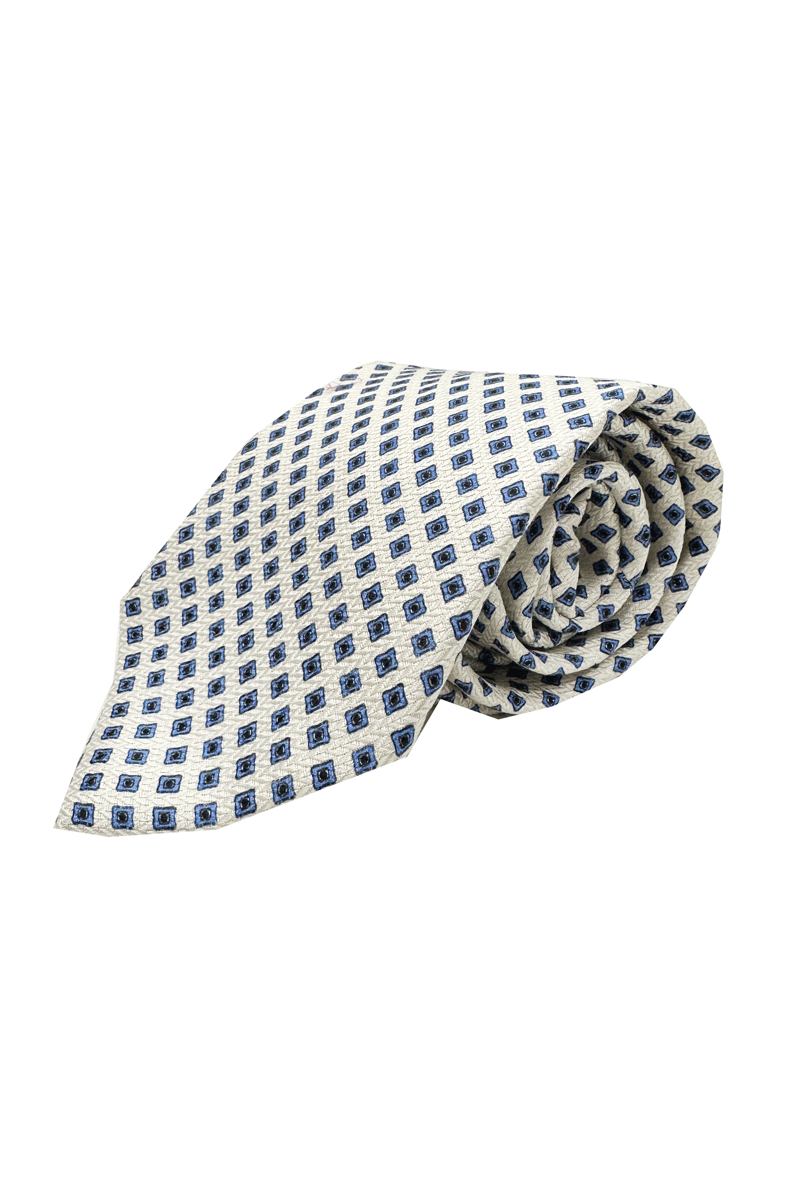 Men's white patterned tie, 9cm, in pure hand-stitched silk.