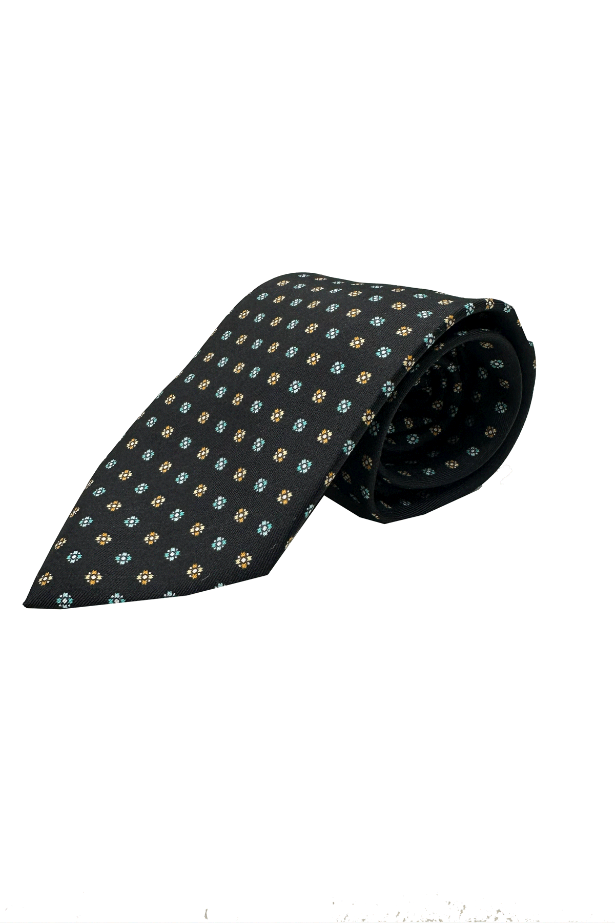 Men's black patterned tie in pure hand-stitched silk, 3-fold construction, 9cm width