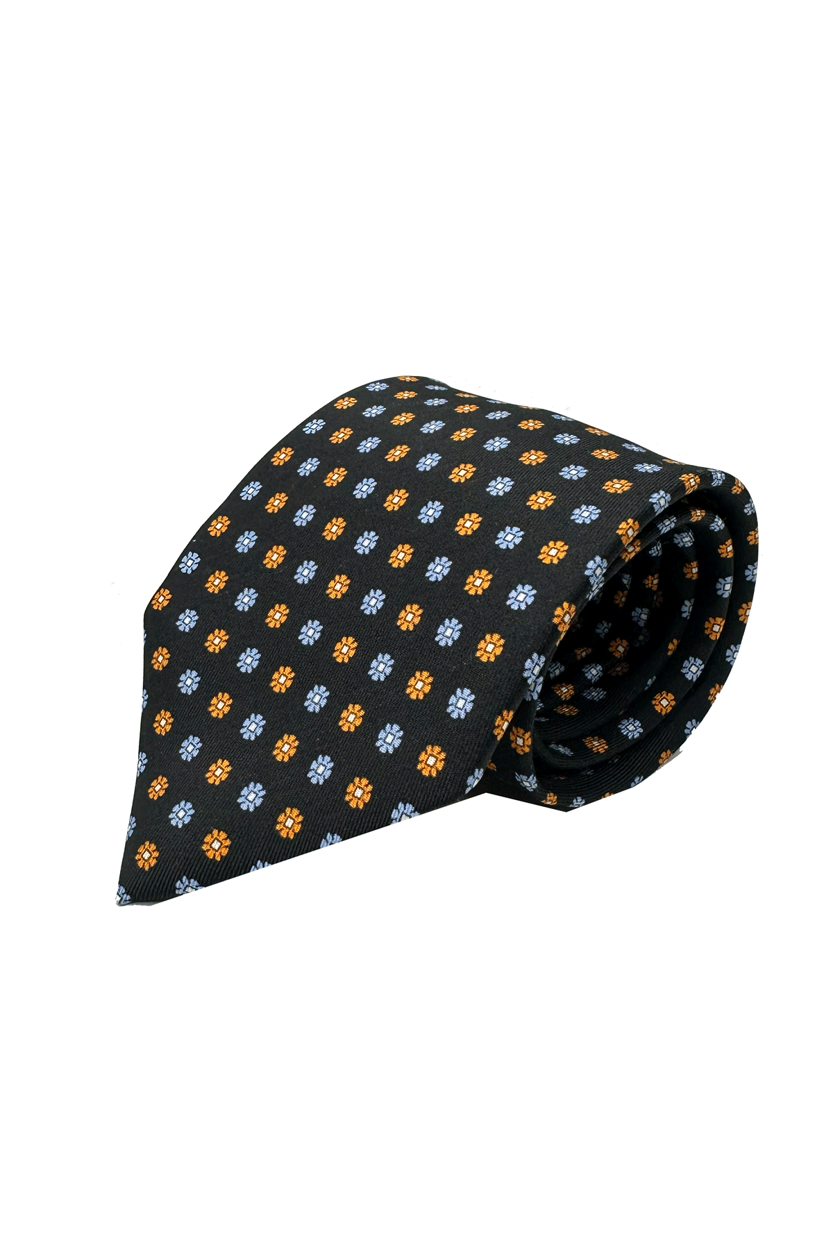 Men's black patterned tie in pure hand-stitched silk, 3-fold construction, 9cm width