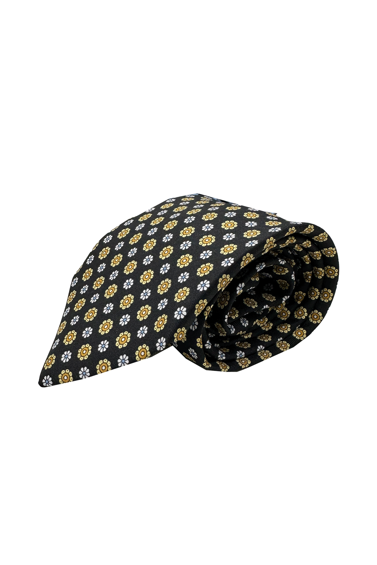 Men's black patterned tie in pure hand-stitched silk, 3-fold construction, 9cm width
