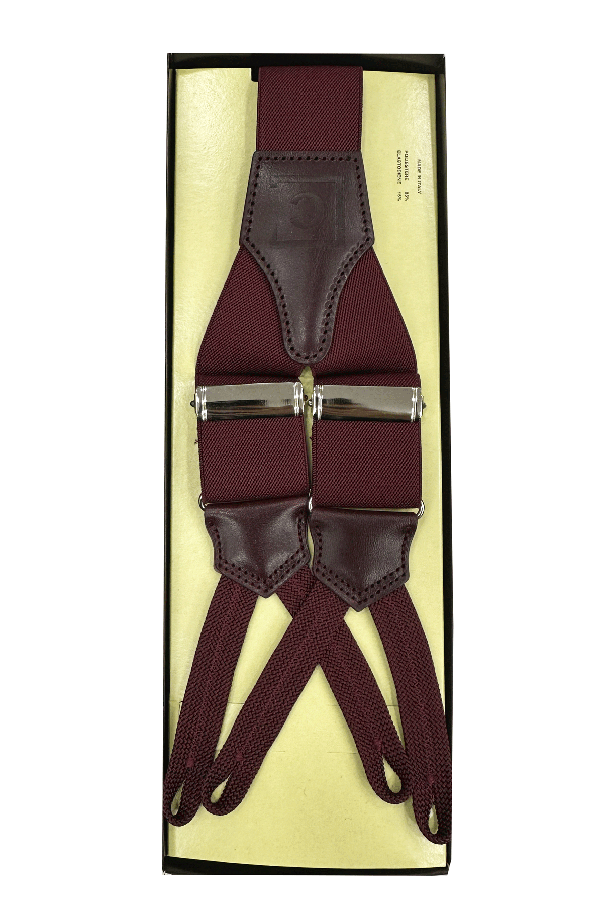 Bretelle da uomo bordeaux tinta unita Elasticizzate 3,5 cm regolabili con chiusura baffi in corda