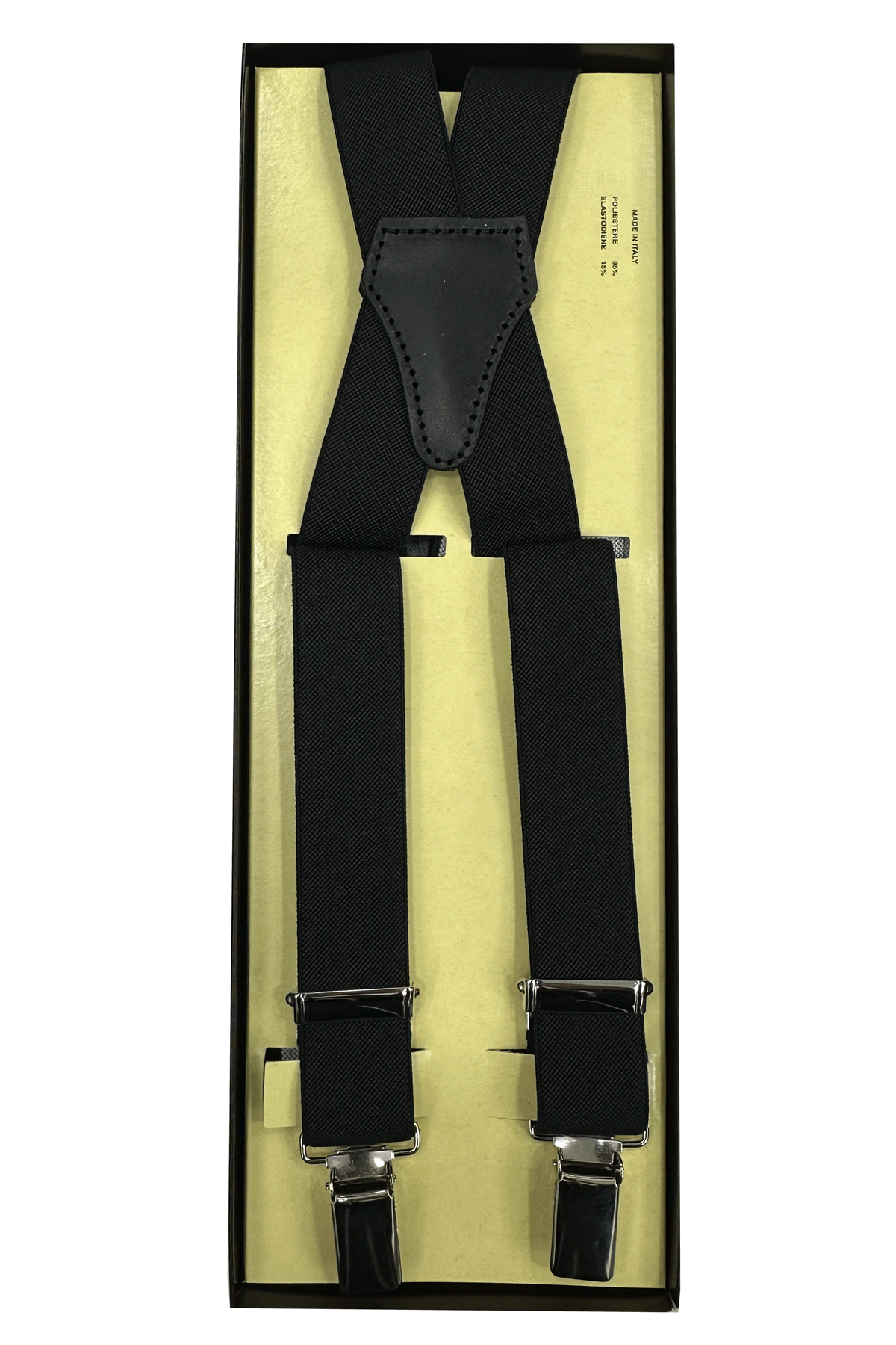 Men's solid black satin suspenders 3.5 cm adjustable with silver clips