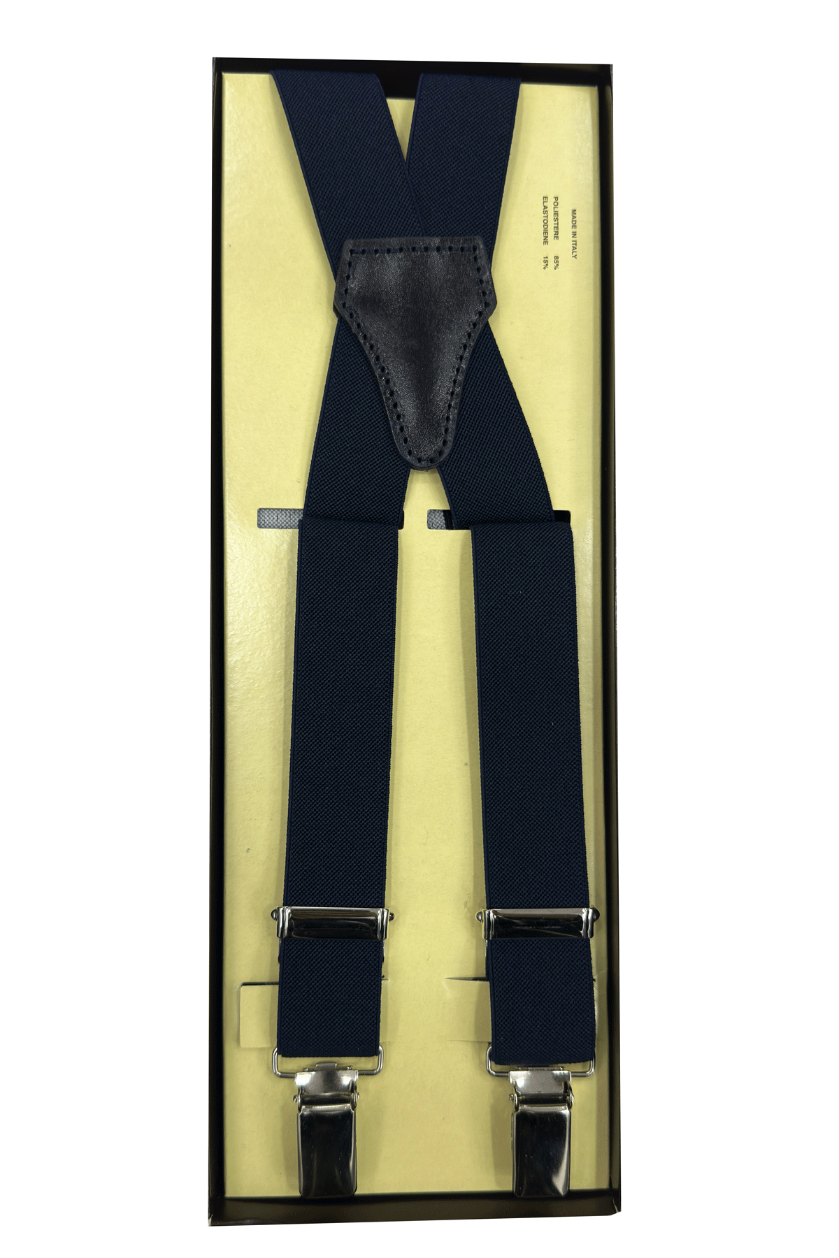Bretelle da uomo blu tinta unita slim Elastiche 2,5 cm regolabili con chiusura pinze argento