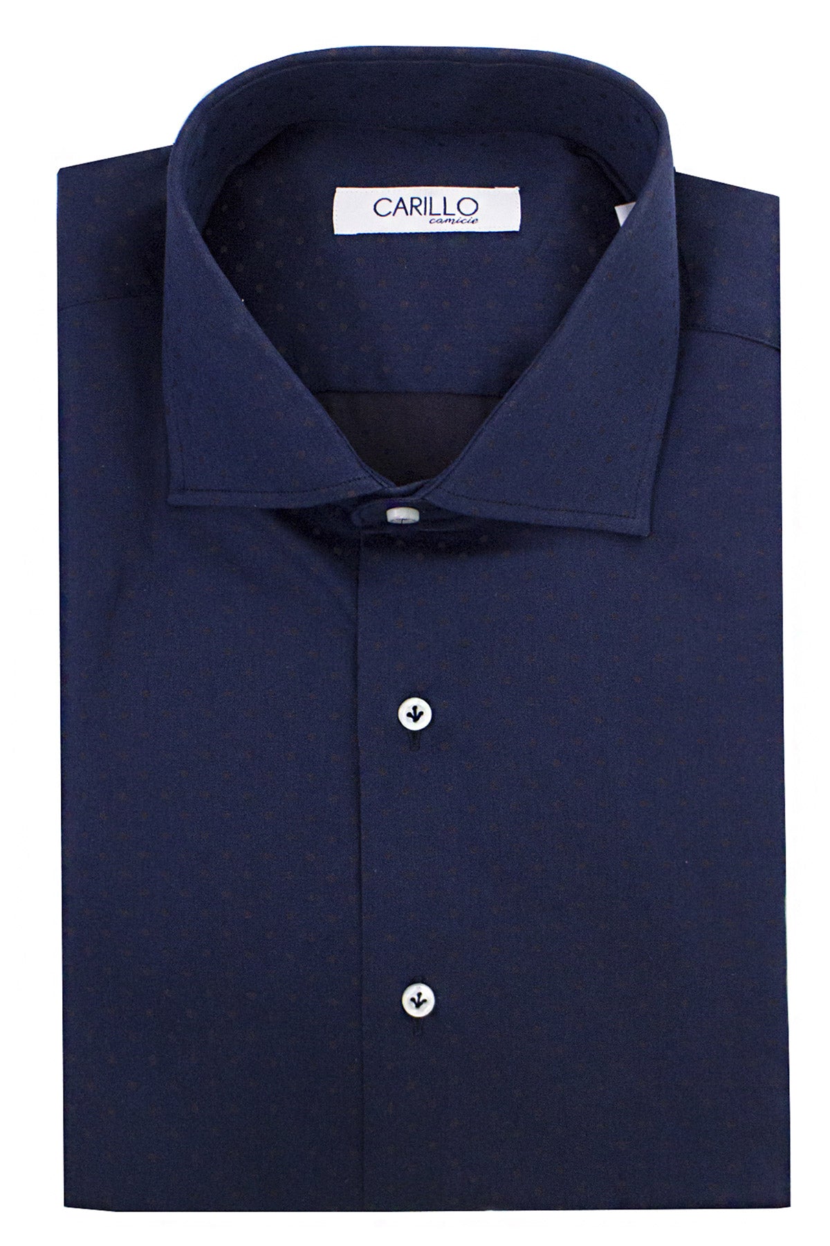 Camicia uomo collo francese fantasia pois marroni su fondo blu notte
