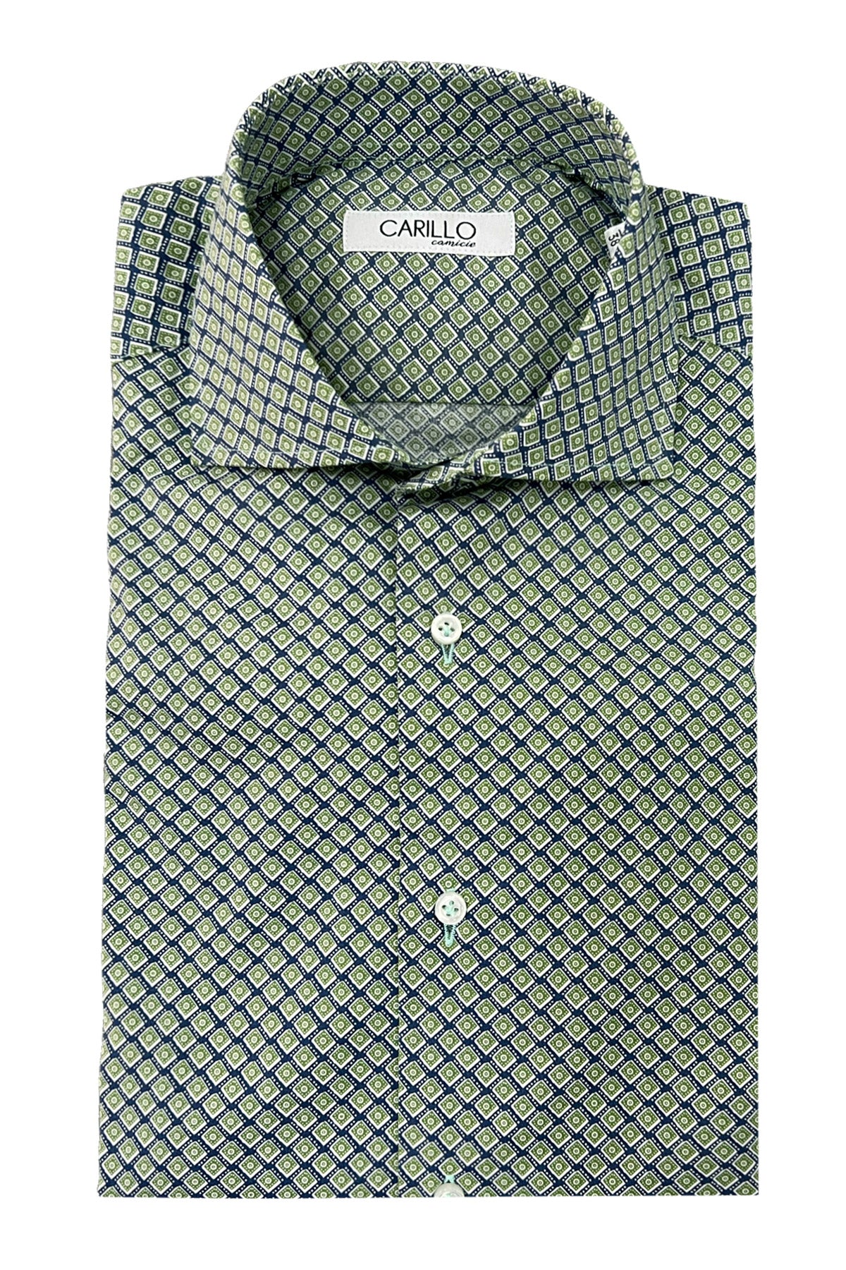 Camicia uomo slim in cotone elastico fantasia rombi verdi su base blu