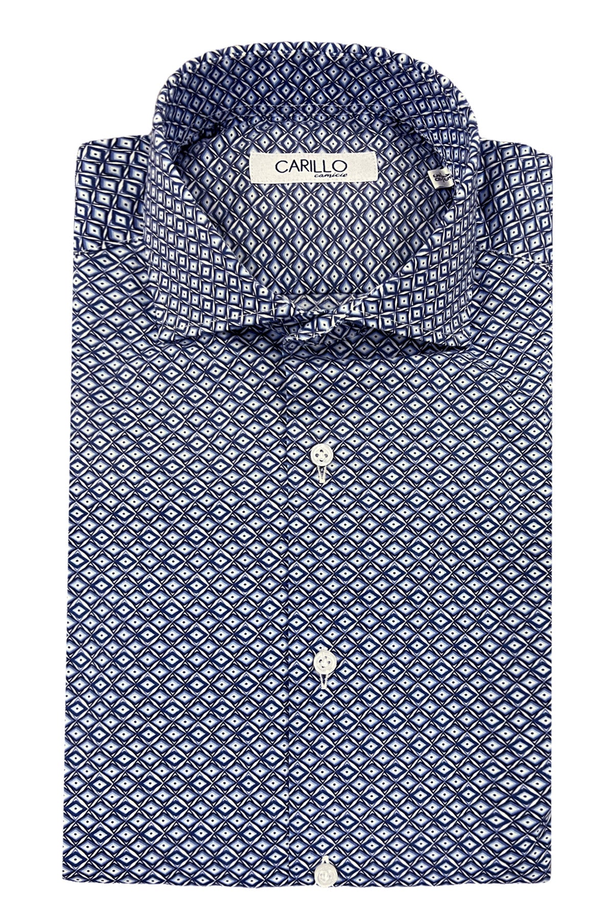Camicia uomo slim in cotone elastico fantasia rombi blu su base bianca
