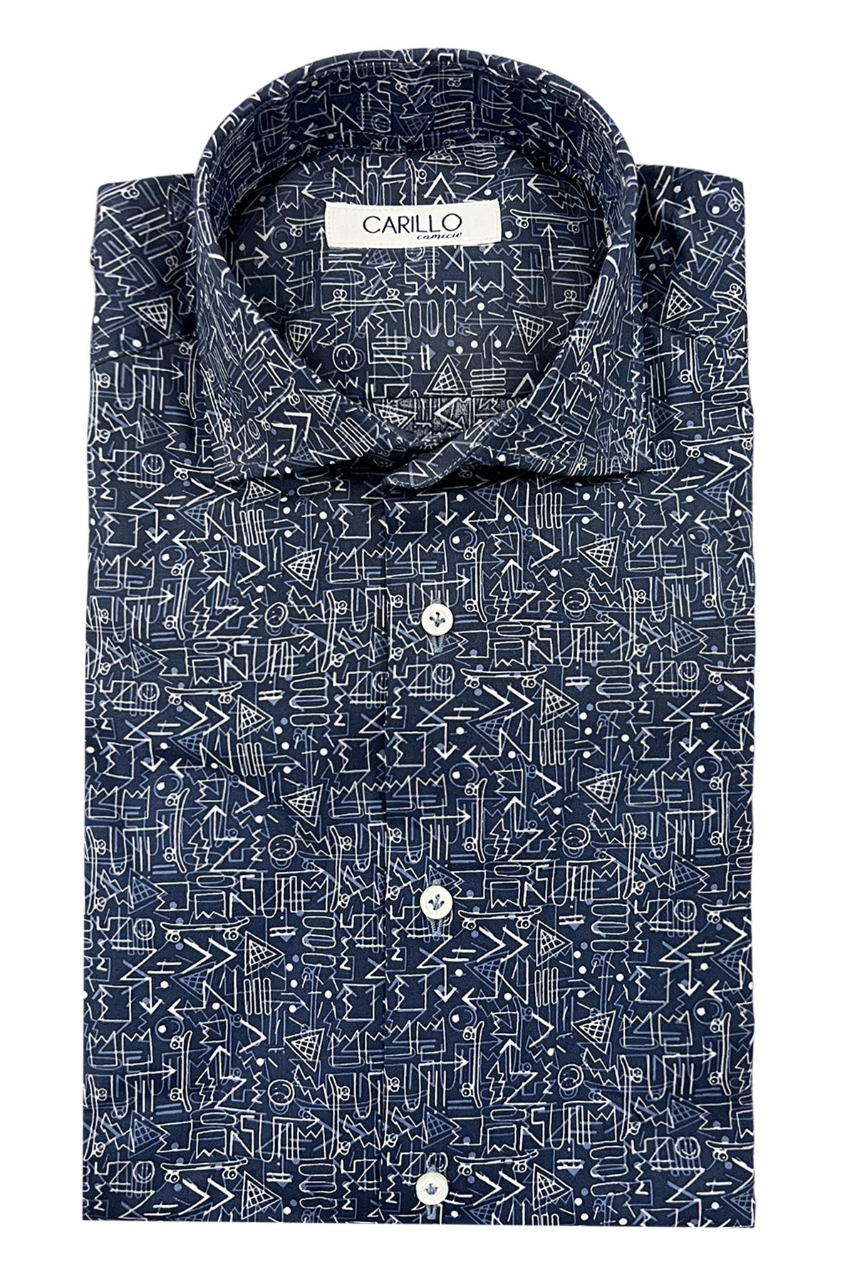 Camicia uomo cotone elastico fantasia graffiti bianchi su fondo bluette.