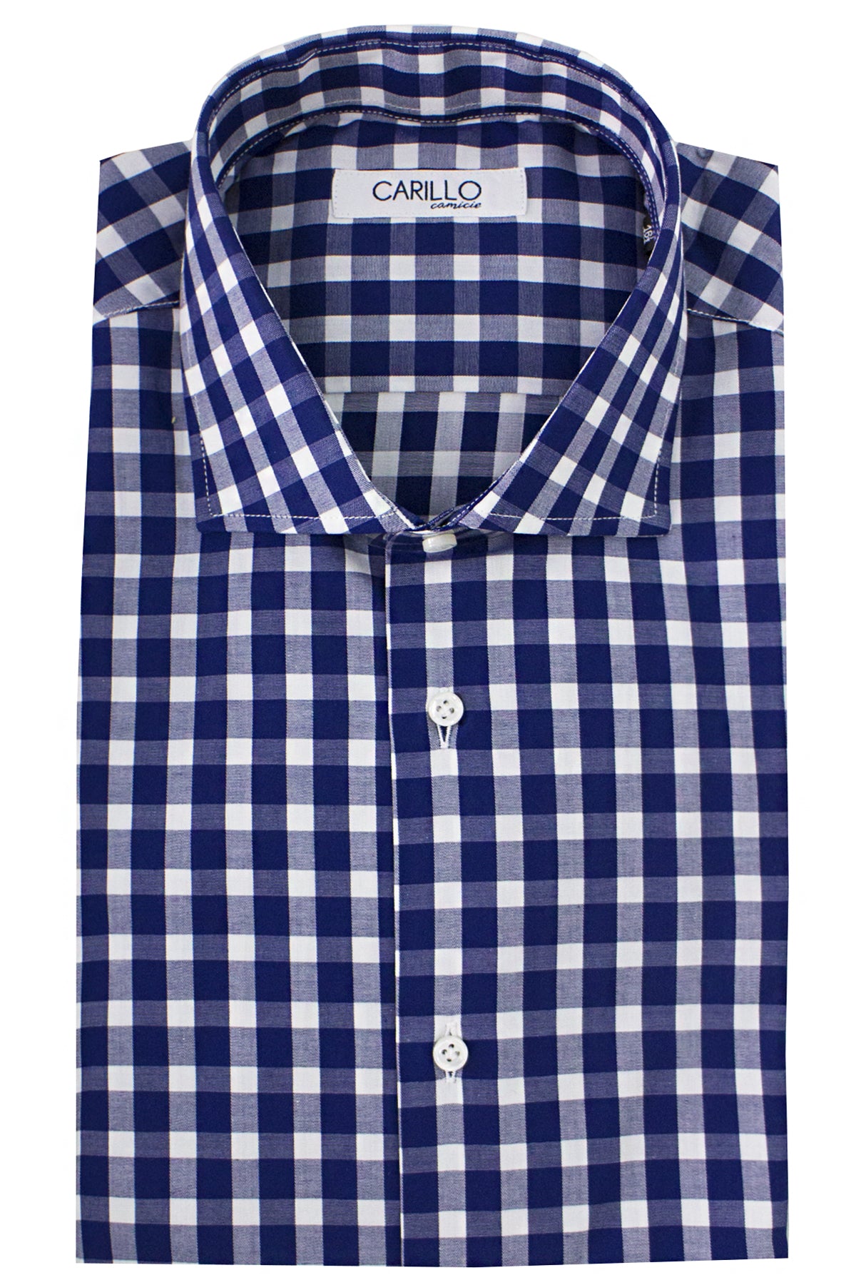 Camicia uomo in cotone elastico fantasia macro quadri blu e bianchi