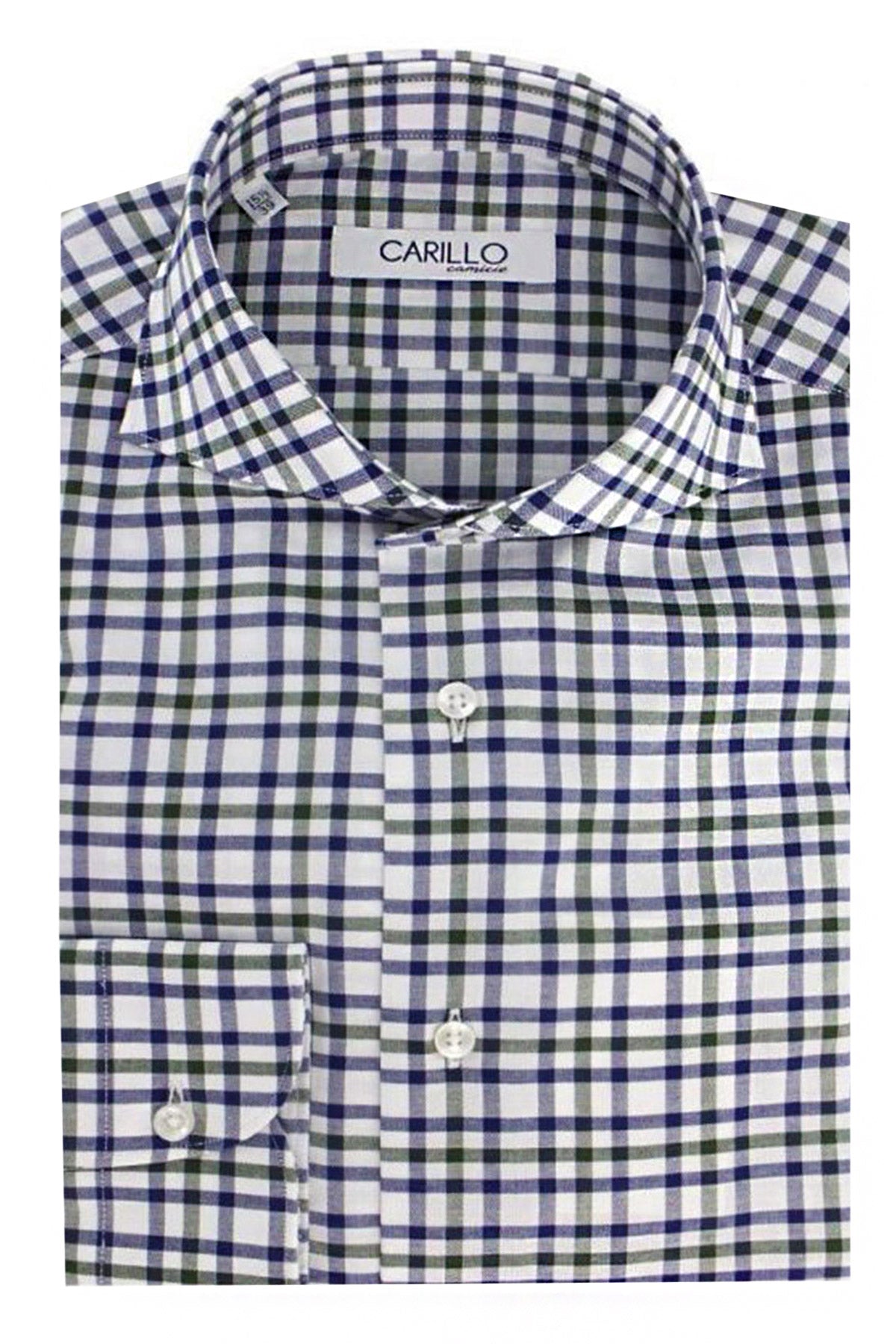 Camicia uomo collo francese fantasia quadri verdi e blu su fondo bianco