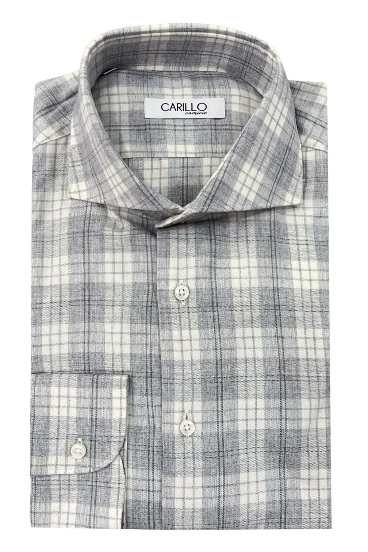 Camicia uomo slim fantasia scozzese grigia e bianca con bottoni bianchi