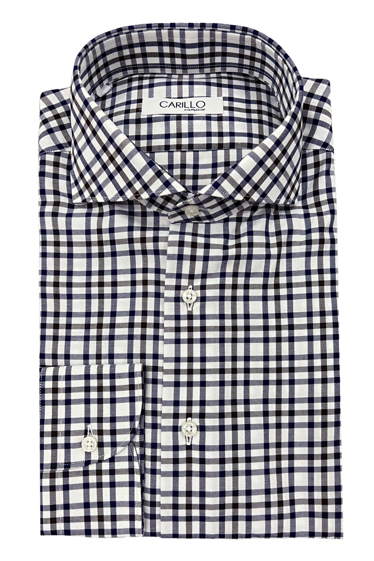 Camicia uomo collo francese fantasia quadri marroni e blu su fondo bianco