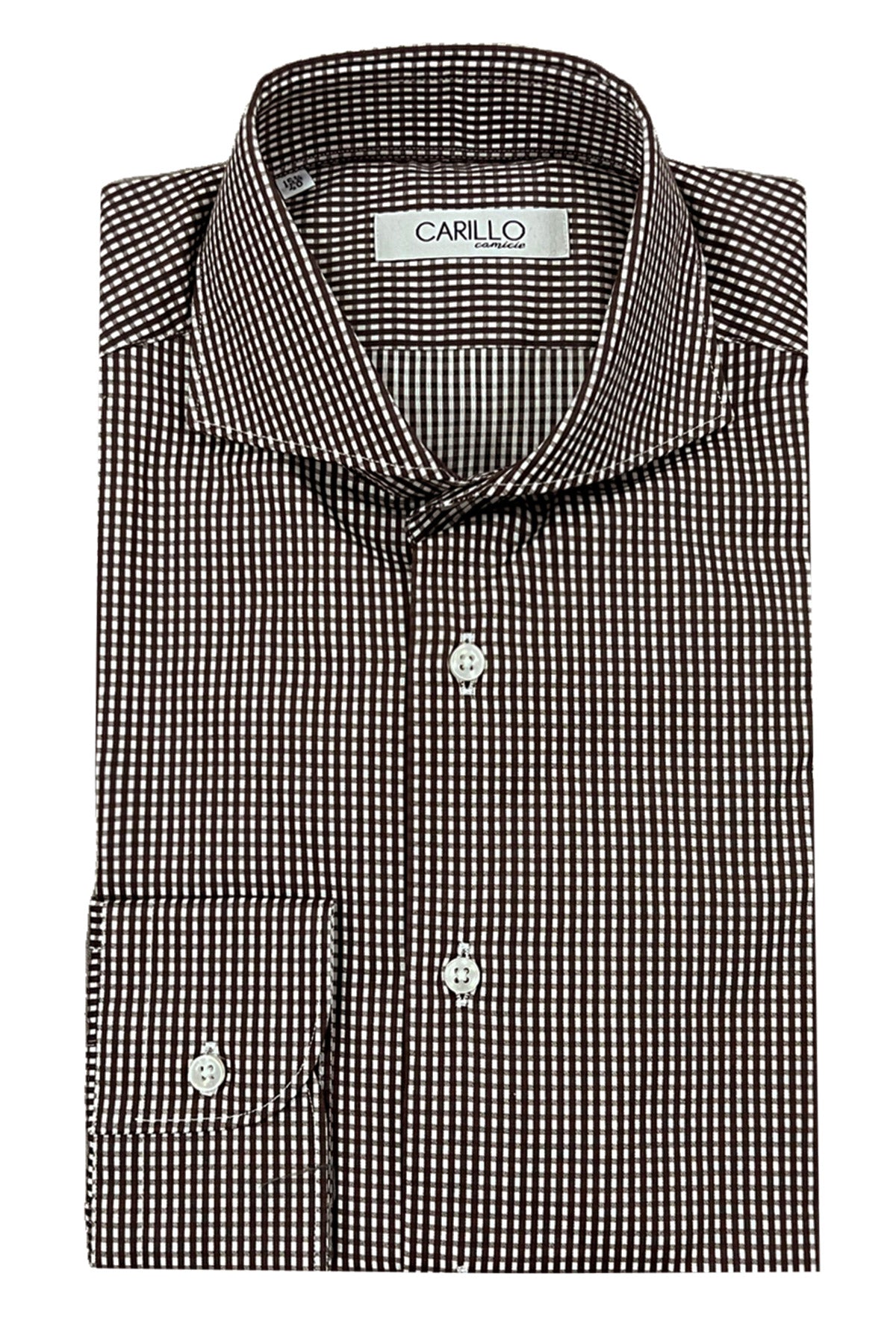 Camicia uomo slim fantasia quadro sfumato marrone e  bottoni bianchi