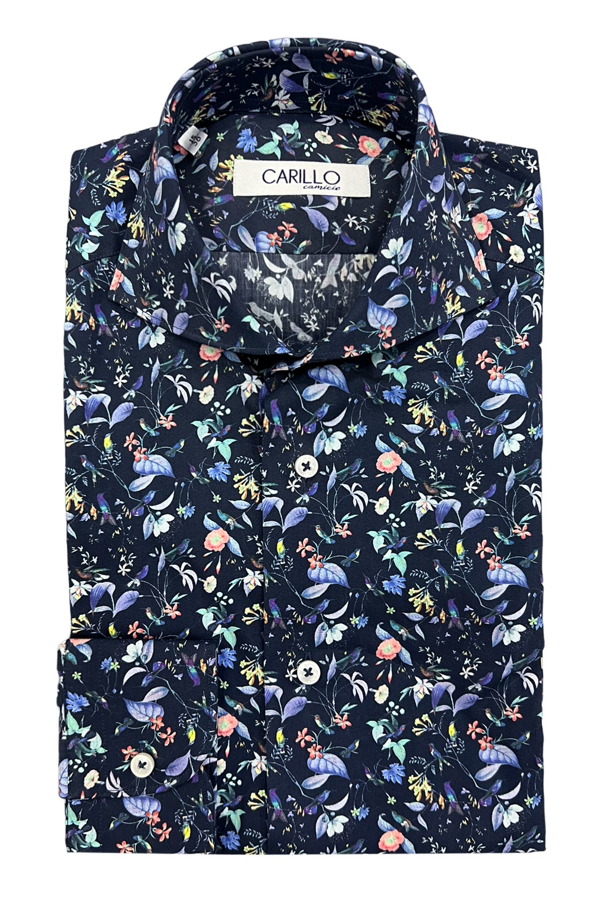 Camicia uomo slim fantasia fiori multicolor su base blu notte
