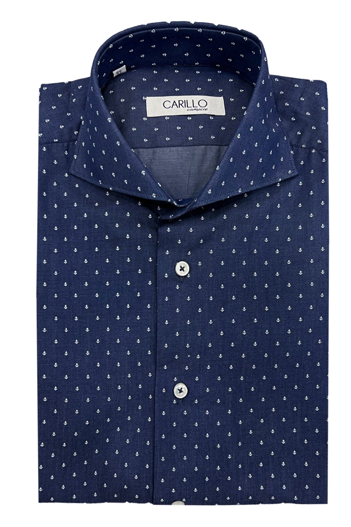 Camicia uomo slim fit fantasia ancora bianca su fondo blu bottoni bianchi