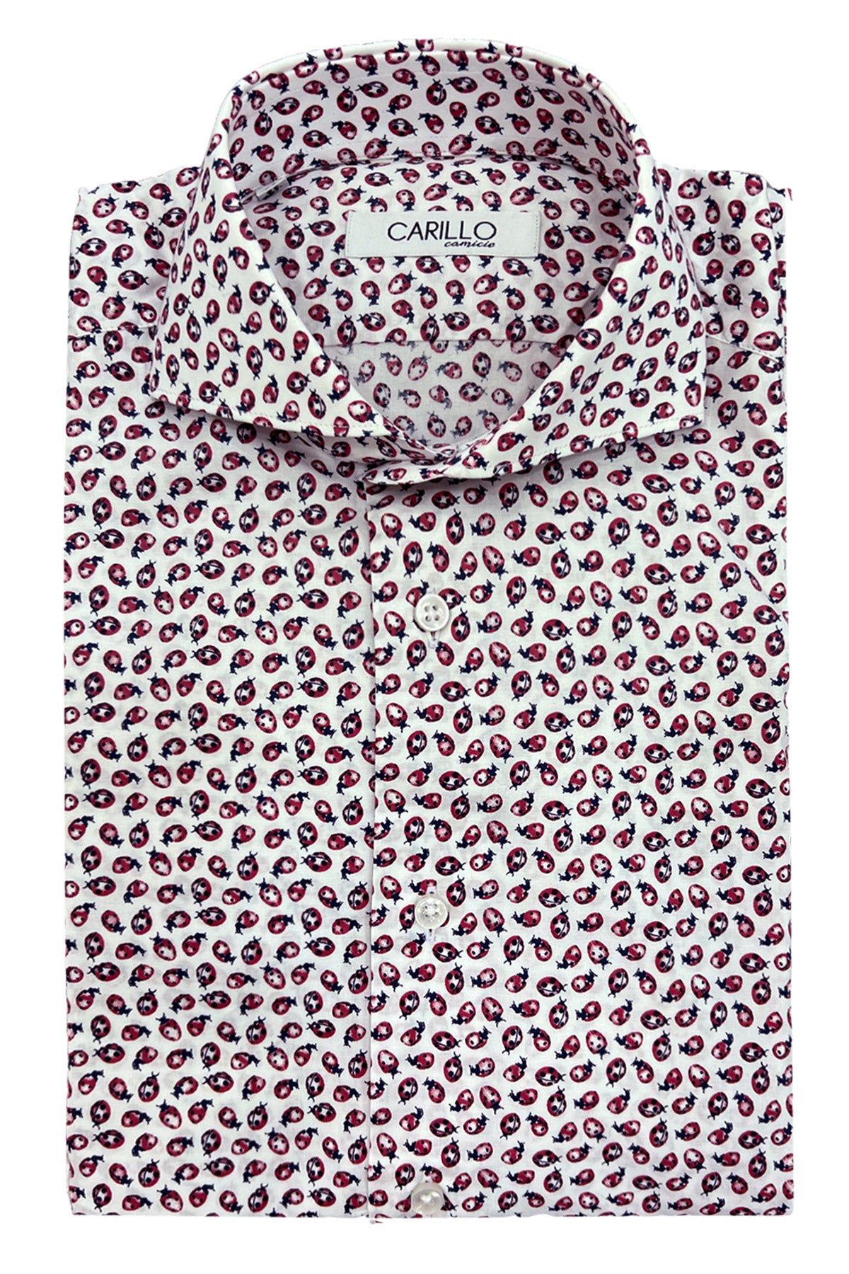 Camicia uomo in puro cotone fisso fantasia coccinelle rosse