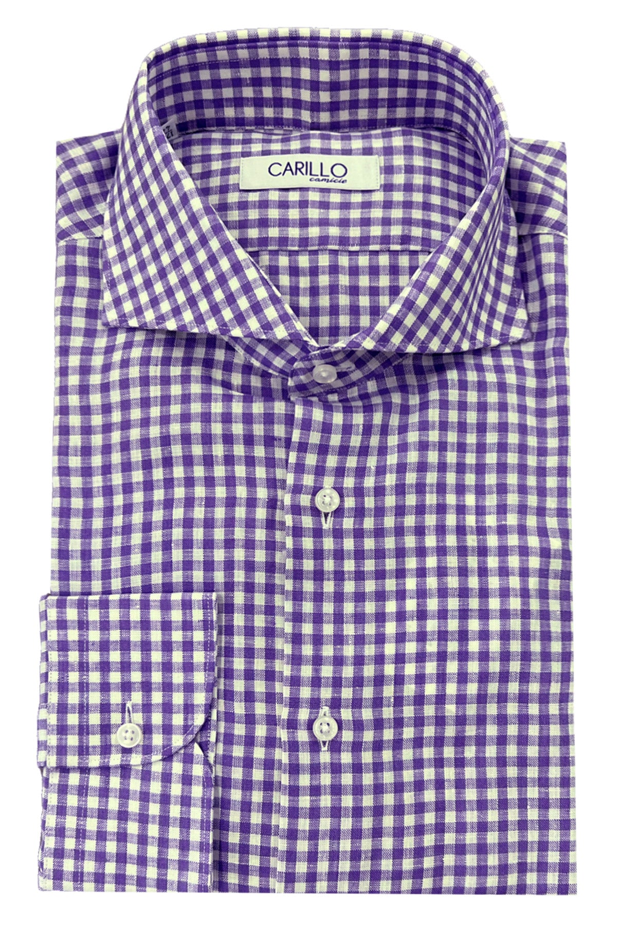 Camicia Uomo Regular bianca fantasia quadri viola Cotone fisso casual Collo Francese Manica Lunga38 39 40 41 42 43 44