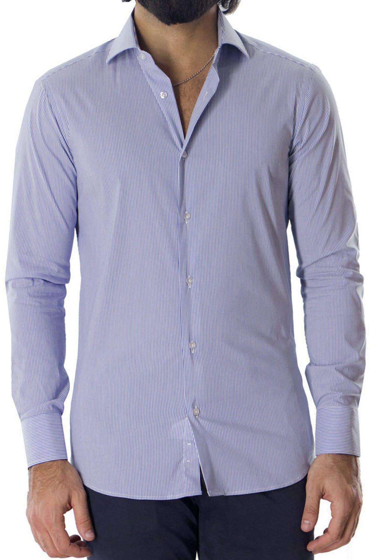 Camicia Uomo millerighe Slim fit in cotone Elasticizzata Collo semi francese Casual e Elegante