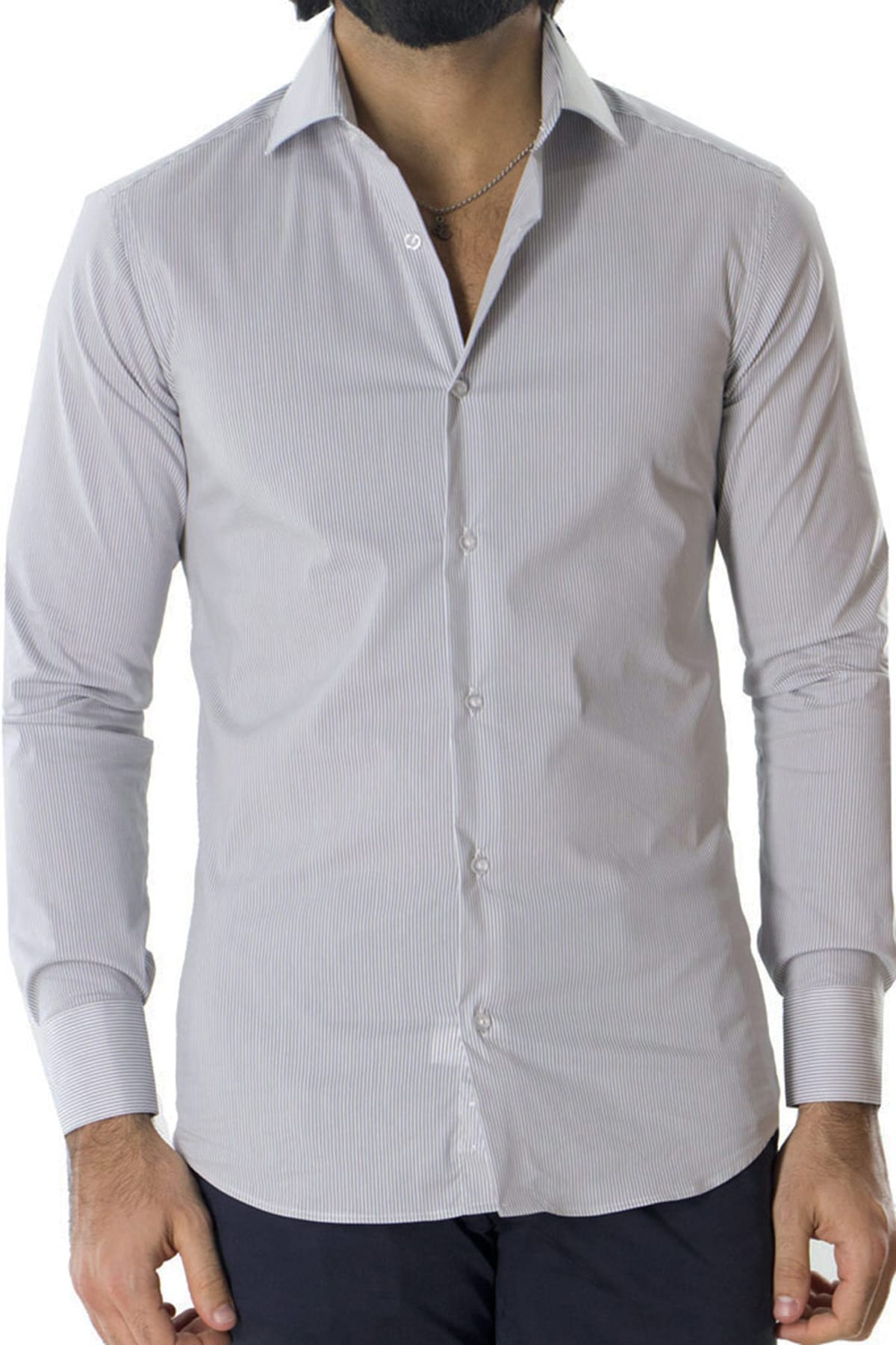 Camicia Uomo millerighe Slim fit in cotone Elasticizzata Collo semi francese Casual e Elegante