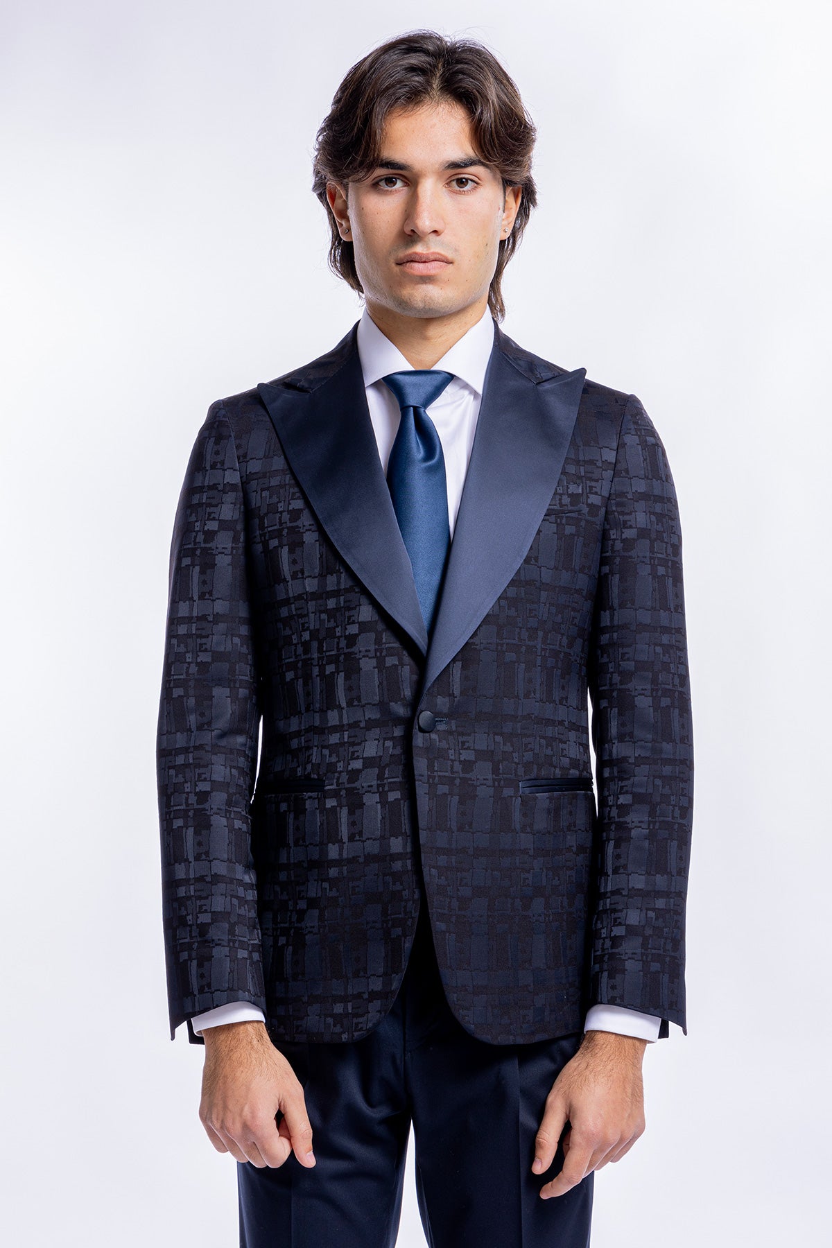 Giacca uomo smoking monopetto sartoriale fantasia nero blu rever a lancia larga