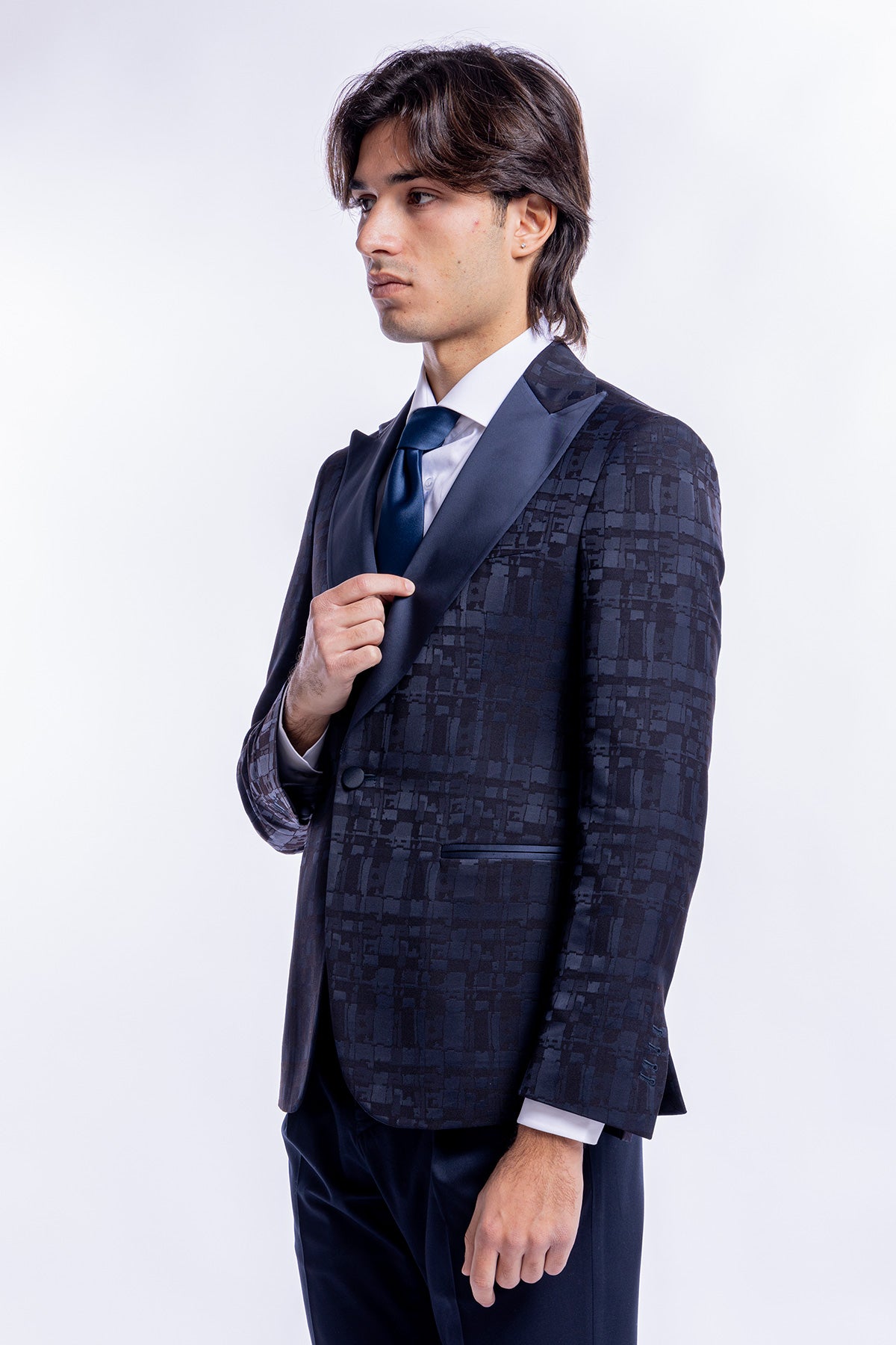 Giacca uomo smoking monopetto sartoriale fantasia nero blu rever a lancia larga
