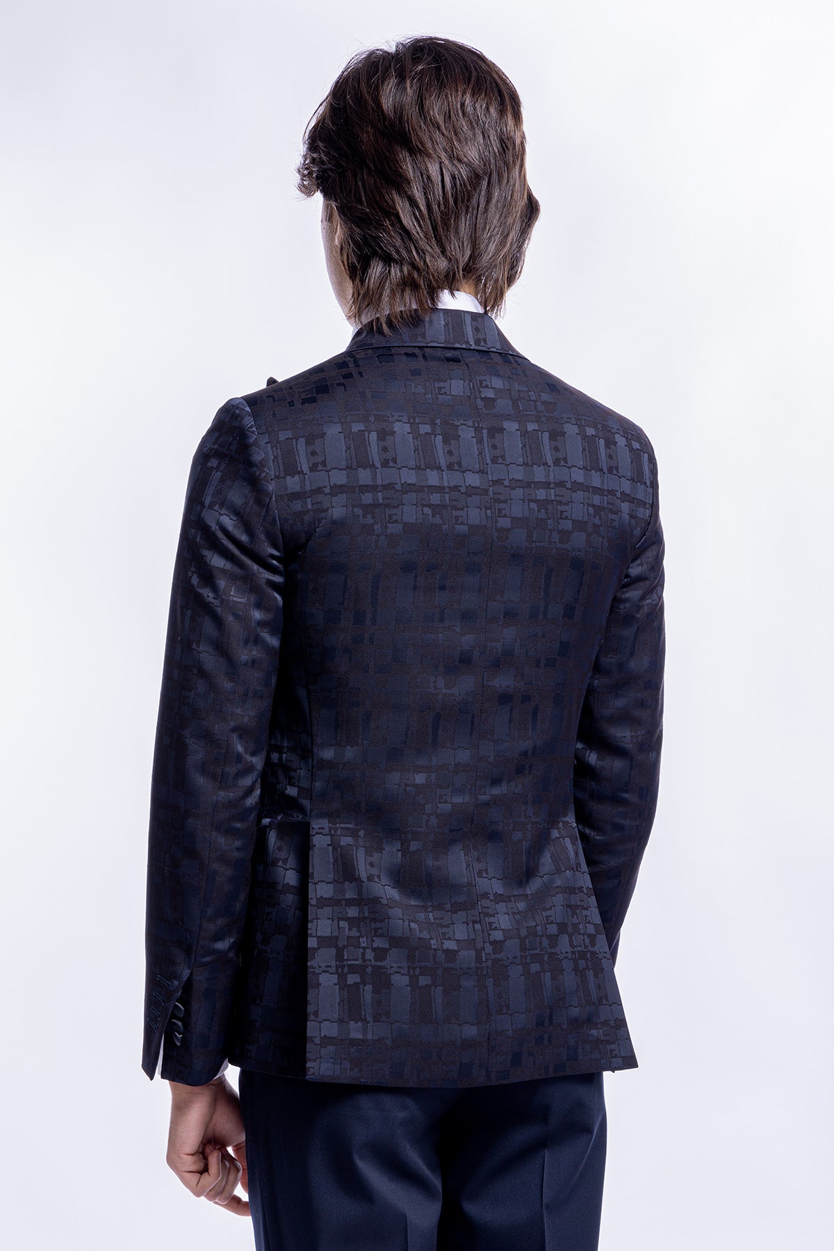 Giacca uomo smoking monopetto sartoriale fantasia nero blu rever a lancia larga