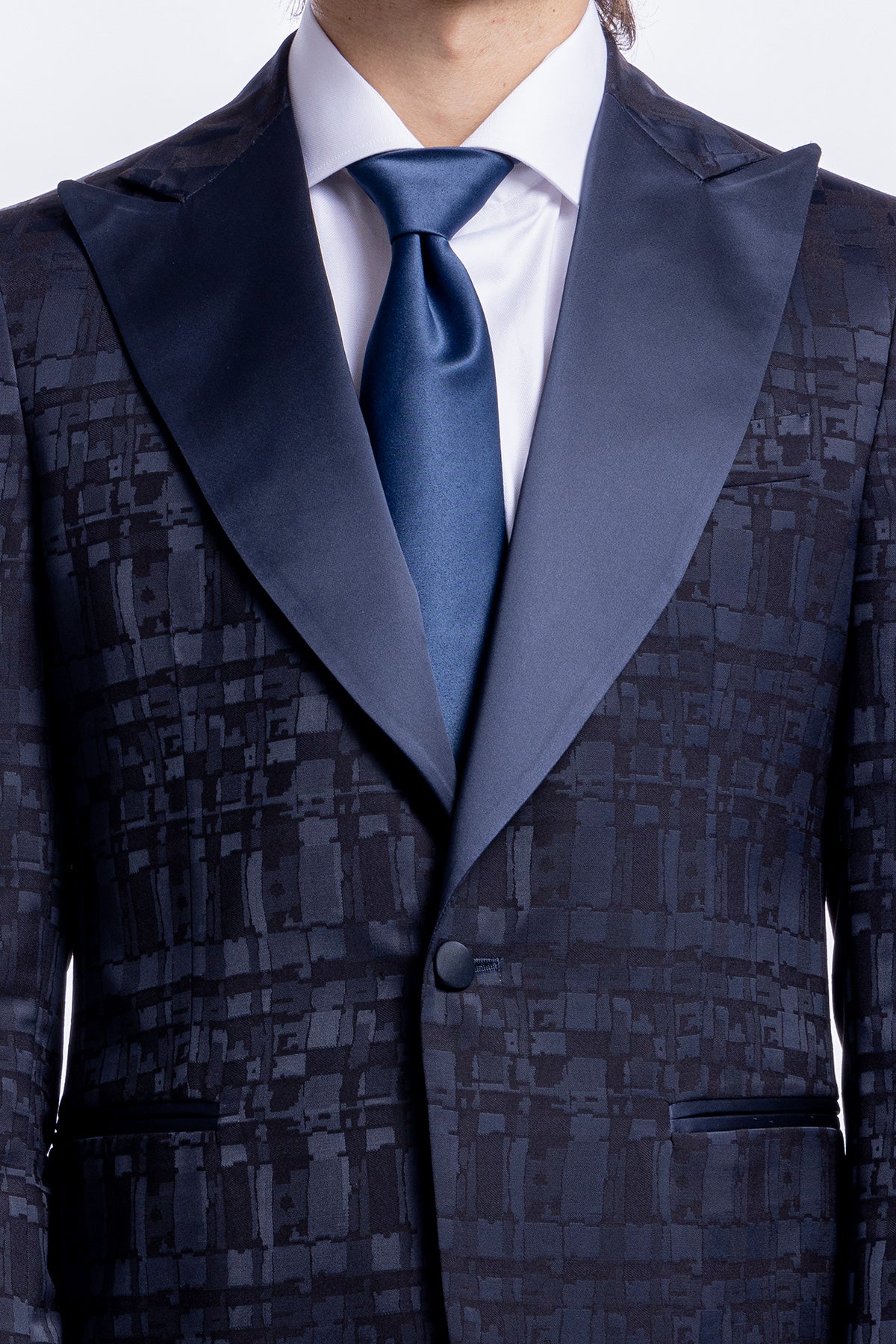 Giacca uomo smoking monopetto sartoriale fantasia nero blu rever a lancia larga